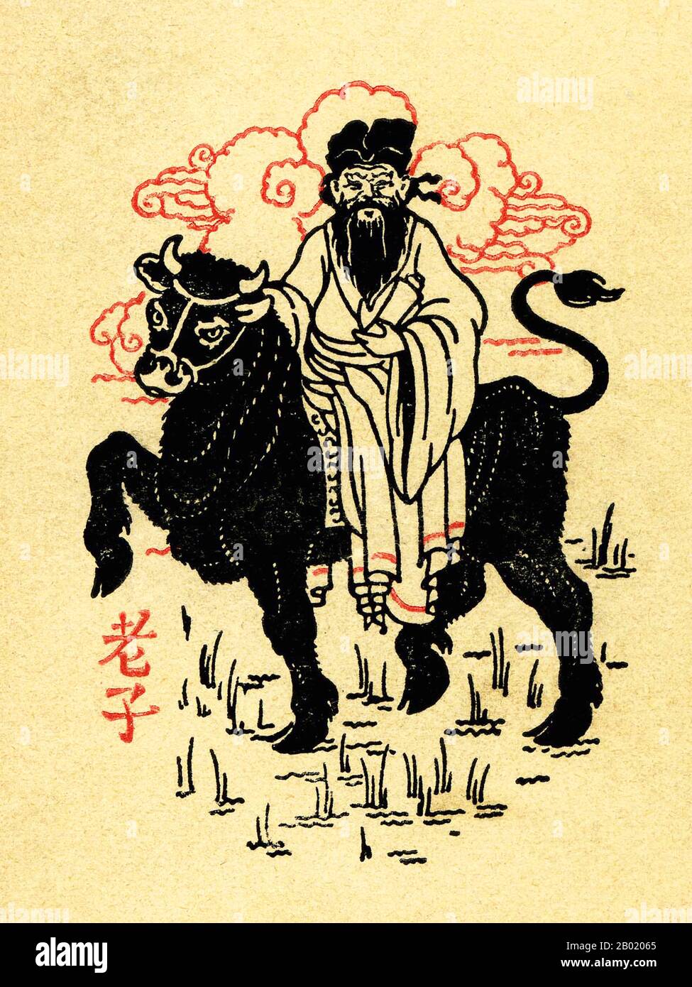 Tschechoslowakei/China: Laozi Riding an Ochs von Tomáš Páv, Cover von Rudolf Dvoraks „das Tao und die Tugend“, Kladno, 1920. Laozi (Lao Tzu, ca. 6. Jahrhundert v. Chr.) war ein mystischer Philosoph des alten China. Seine Verbindung mit dem Daodejing (Tao Te Ching) hat ihn traditionell als den Gründer des Taoismus (auch „Daoismus“ genannt) angesehen. Er wird auch als Gottheit in den meisten religiösen Formen der taoistischen Religion verehrt, die Laozi oft als Taishang Laojun oder als „einer der drei reinen“ bezeichnet. Laozi bedeutet wörtlich übersetzt „alter Meister“ oder „alter Meister“ und wird allgemein als ehrenhaft angesehen. Stockfoto