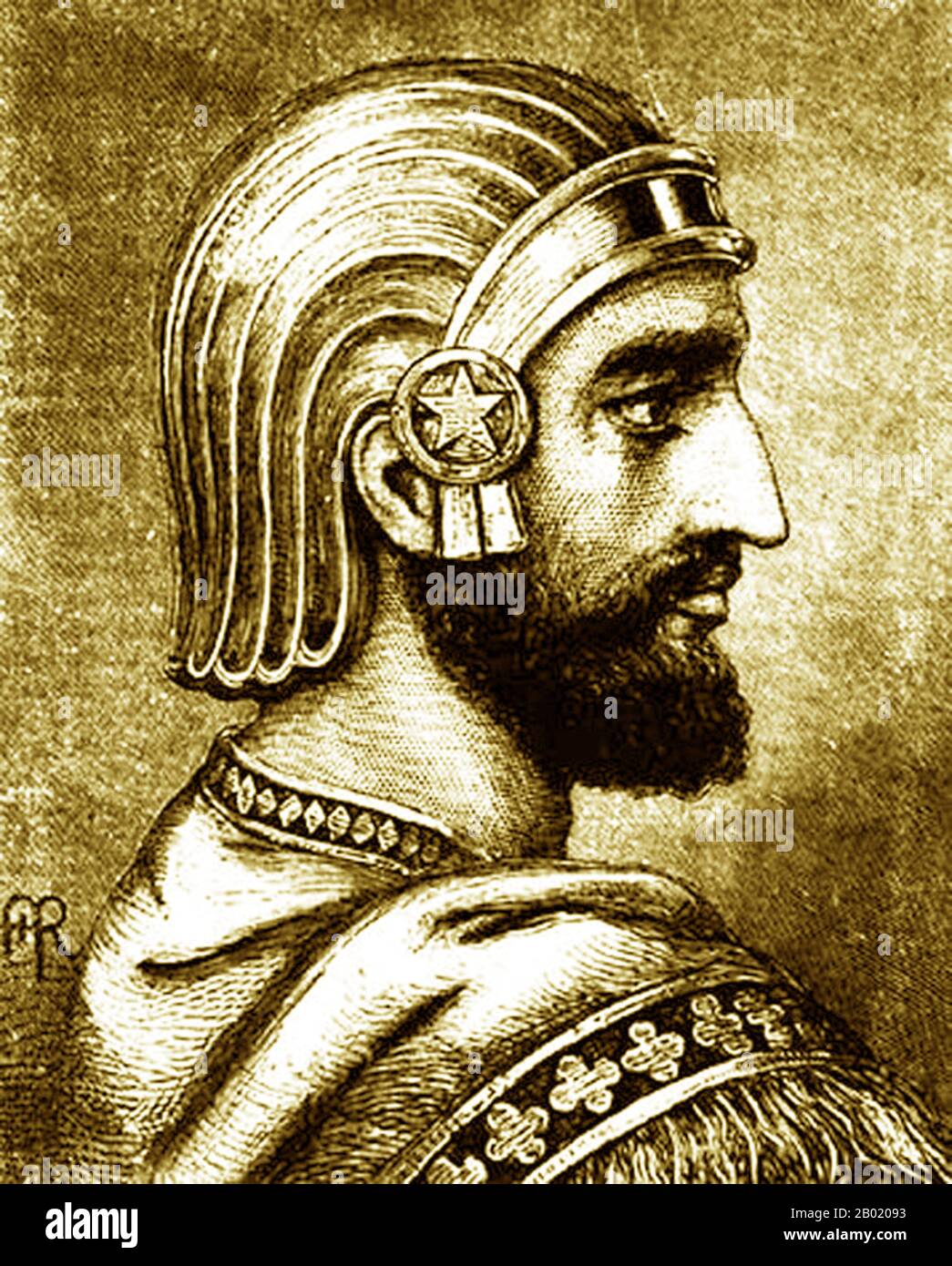 Iran/Persien: Stich von Cyrus dem Großen aus dem 19. Jahrhundert (R. 559-530 v. Chr.), basierend auf dem geflügelten Genius-Relief von Pasargadae. Cyrus II. Von Persien, auch bekannt als Cyrus der große oder Cyrus der ältere, war der Gründer des Achämenidenreiches. Unter seiner Herrschaft umfasste das Reich alle früheren zivilisierten staaten des alten Nahen Ostens, expandierte gewaltig und eroberte schließlich den größten Teil Südwestasiens und einen Großteil Zentralasiens und des Kaukasus. Vom Mittelmeer über Hellespont im Westen bis zum Indus im Osten schuf Cyrus das größte Reich, das die Welt je gesehen hatte. Stockfoto