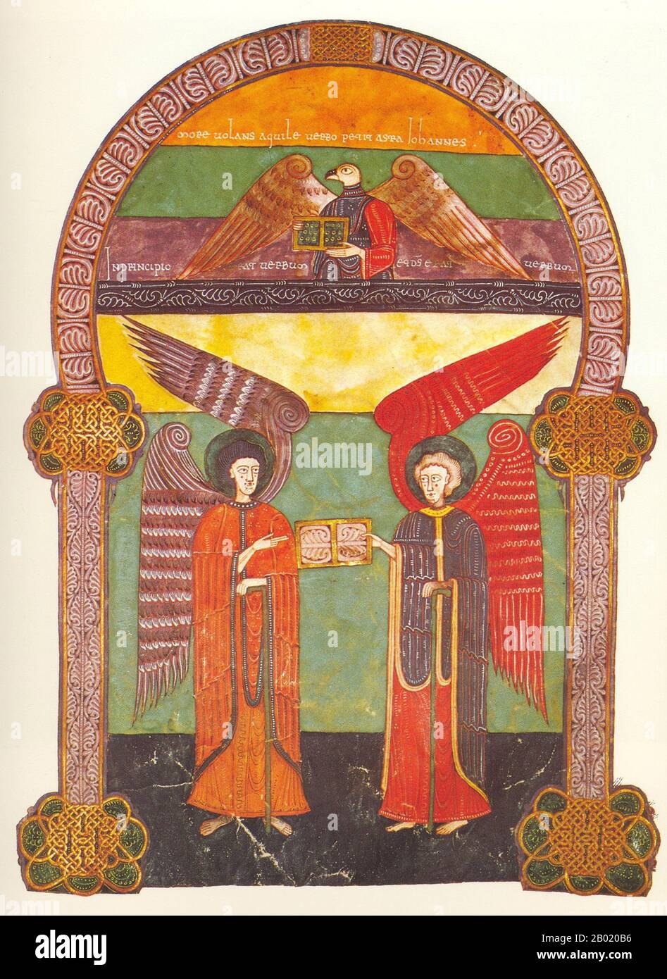 Der Beatus von León ist ein illuminiertes Manuskript des Kommentars zur Apokalypse von Beatus von Liébana aus dem 11. Jahrhundert. Das Manuskript wurde für König Ferdinand 1 (ca.1015-1065) und Königin Sancha von León angefertigt. Es enthält 98 Miniaturen, die von Facundus gemalt wurden. Die Apokalypse des Johannes ist das Buch der Offenbarung, das letzte Buch des neuen Testaments. Stockfoto