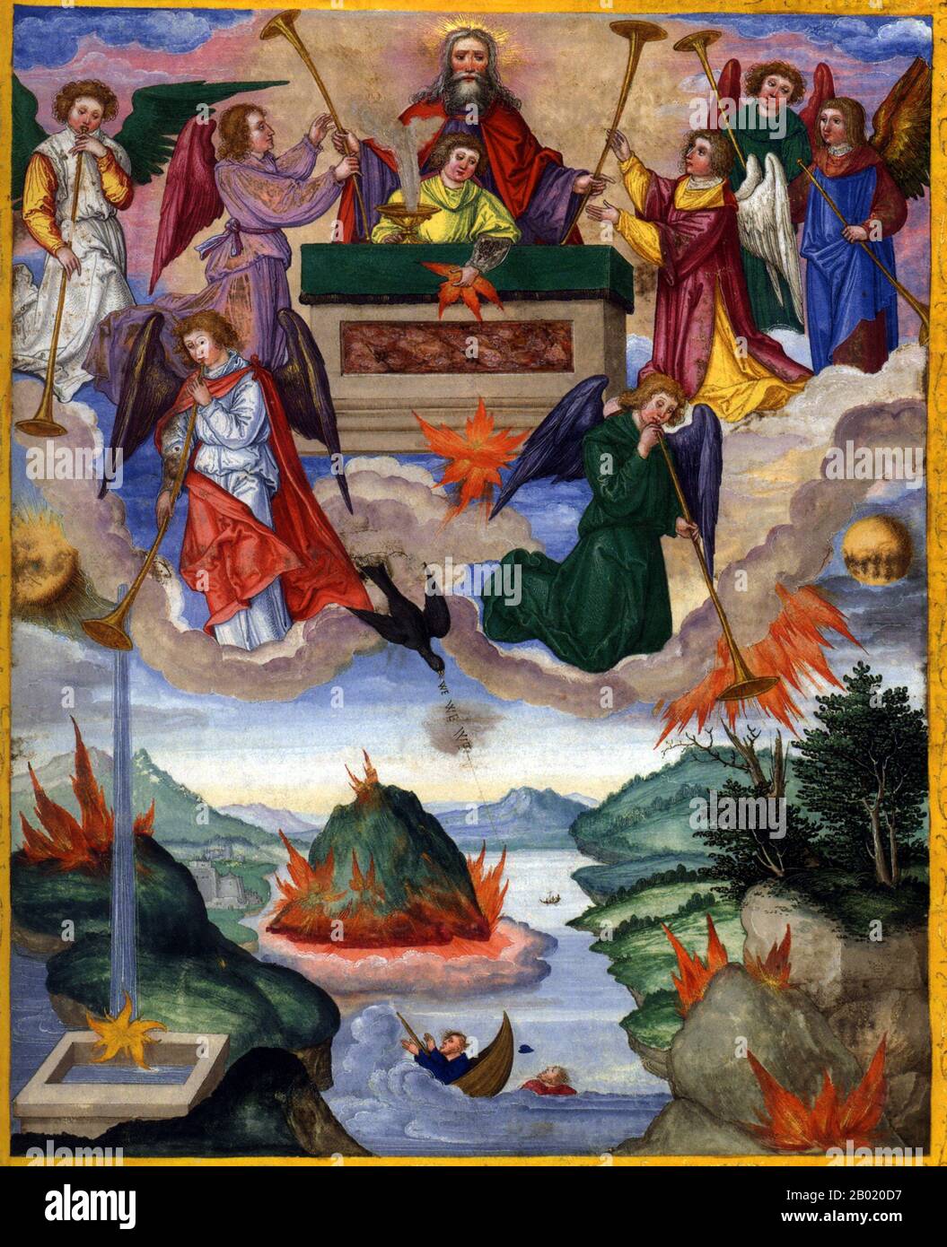 Deutschland: Die Eröffnung des Siebten Siegels und der ersten vier klingenden Trompeten, Offenbarung 8,1-13. Beleuchtete Miniatur aus der Ottheinrich-Bibel von Matthias Gerung (1500-1570), um 1530-1532. Die Ottheinrich-Bibel wurde um 1425 vom Königlichen Hof Bayern in Auftrag gegeben. Die ungewöhnlich große Handschrift wurde erst im folgenden Jahrhundert fertiggestellt, als dem deutschen Maler und Kupferstecher Matthias Gerung 60 rheinische Gulden und Winterkleidung zur Veranschaulichung des Textes angeboten wurden. Die Bibel trägt den Namen des Wohltäters, der die Vollendung unterstützte. Ottheinrich (1502–1559) war Fürst von Stockfoto Deutschland: Die Eröffnung des Siebten Siegels und der ersten vier klingenden Trompeten, Offenbarung 8,1-13. Beleuchtete Miniatur aus der Ottheinrich-Bibel von Matthias Gerung (1500-1570), um 1530-1532. Die Ottheinrich-Bibel wurde um 1425 vom Königlichen Hof Bayern in Auftrag gegeben. Die ungewöhnlich große Handschrift wurde erst im folgenden Jahrhundert fertiggestellt, als dem deutschen Maler und Kupferstecher Matthias Gerung 60 rheinische Gulden und Winterkleidung zur Veranschaulichung des Textes angeboten wurden. Die Bibel trägt den Namen des Wohltäters, der die Vollendung unterstützte. Ottheinrich (1502–1559) war Fürst von Stockfoto