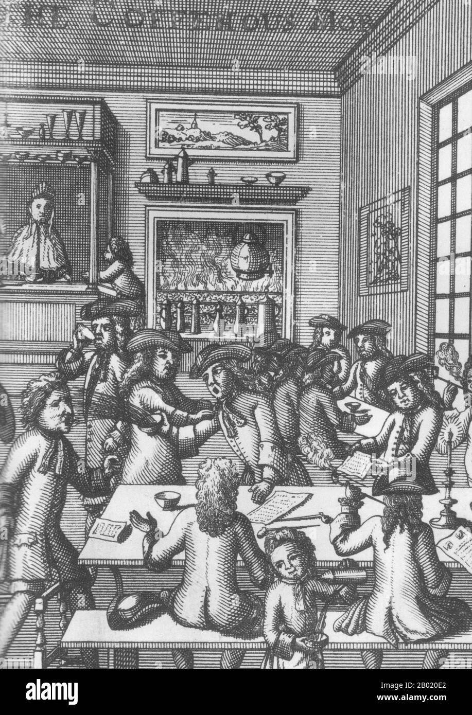 Historiker definieren englische Kaffeehäuser als öffentliche Sozialhäuser im 17. Und 18. Jahrhundert, in denen sich die Gönner für Gespräche und soziale Interaktion zusammenfinden und gleichzeitig an den neu aufkommenden Kaffee-Konsum-Gewohnheiten der Zeit teilnehmen würden. Reisende führten Mitte des 17. Jahrhunderts Kaffee als Getränk nach England ein. Zum Preis eines Pennys kauften die Kunden eine Tasse Kaffee und Eintritt in ein Kaffeehaus, in dem sich Männer im Gespräch engagierten. Zu den Themen, die in den Kaffeehäusern diskutiert wurden, gehörten Politik und politische Skandale, tägliches Tratsch, Mode, aktuelle Ereignisse und Debatten su Stockfoto