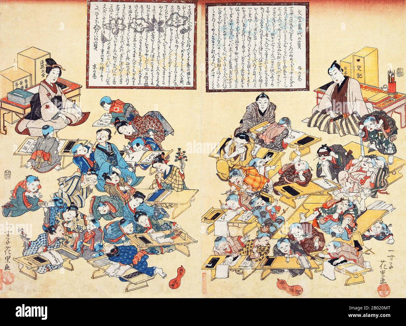 Japan: Schüler einer Tempelschule in Terakoya. Ukiyo-e Holzschnitt von Issunshi Hanasato, um 1844. Terakoya (wörtlich übersetzt „Tempelschulen“) waren private Bildungseinrichtungen, die während der Edo-Zeit den Kindern japanischer Bürger Schreiben und Lesen lehrten. Die ersten Terakoya erschienen Anfang des 17. Jahrhunderts, als Entwicklung von Bildungseinrichtungen in buddhistischen Tempeln. Vor der Edo-Zeit waren öffentliche Bildungseinrichtungen den Kindern von Samurai und Herrschern gewidmet. Stockfoto
