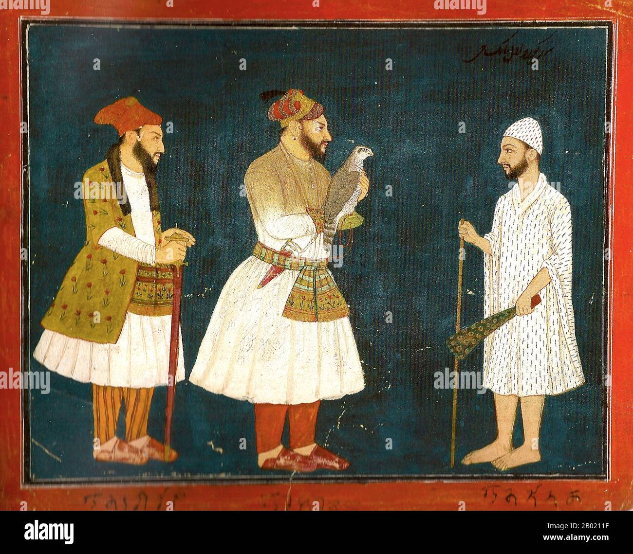 Indien: Der junge Guru Nanak Dev (15. April 1469 bis 22. September 1539) kam von einem Prinzen und einem Höfling zu uns. Miniaturmalerei, 1843. Guru Nanak war der Gründer der Religion des Sikhismus und der erste von zehn Sikh-Gurus. Sikhs glauben, dass alle nachfolgenden Gurus Guru Nanaks Göttlichkeit und religiöse Autorität besaßen. Stockfoto