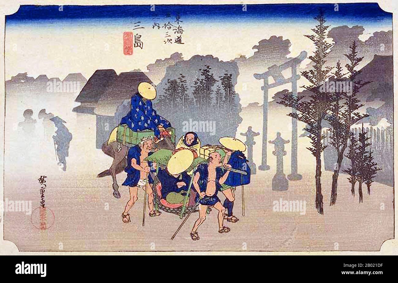 Japan: Station Eleven: Morning Mist at Mishima. Ukiyo-e-Holzschnitt aus der Serie „Three Stations of the Tôkaidô Road“ von Utagawa Hiroshige (1797-1858), um 1833-1834. Mishima: Reisende, die in den Nebeln des frühen morgens aufbrechen, einer auf dem Pferd und der andere auf einem Kago. Diese Station befindet sich am Eingang zum Hakone Pass und war das ganze Jahr über mit Reisenden gefüllt. Stockfoto