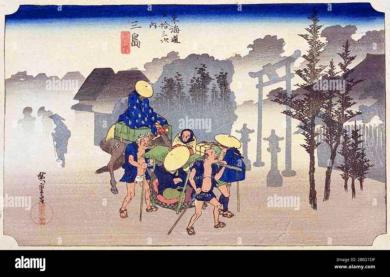 Mishima: Reisende, die in den Nebel des frühen Morgens aufbrechen, einer zu Pferd und der andere in einem kago. Am Eingang zum Hakone-Pass gelegen, war diese Station das ganze Jahr über voll von Reisenden. Utagawa Hiroshige (歌川 広重, * um die Welt der Künstler) (* um die Welt der  ; † 12. Oktober 1858) war ein japanischer Ukiyo-e-Künstler und einer der letzten großen Künstler dieser Tradition. Er wurde auch als Andō Hiroshige (安藤 広重) (eine unregelmäßige Kombination aus Familiennamen und Kunstnamen) und mit dem Kunstnamen Ichiyūsai Hiroshige (一幽斎廣重) bezeichnet. Die Tōkaidō (東海道 Ostseestraße) war die wichtigste der Fünf Routen der Edo-Zeit, Co Stockfoto