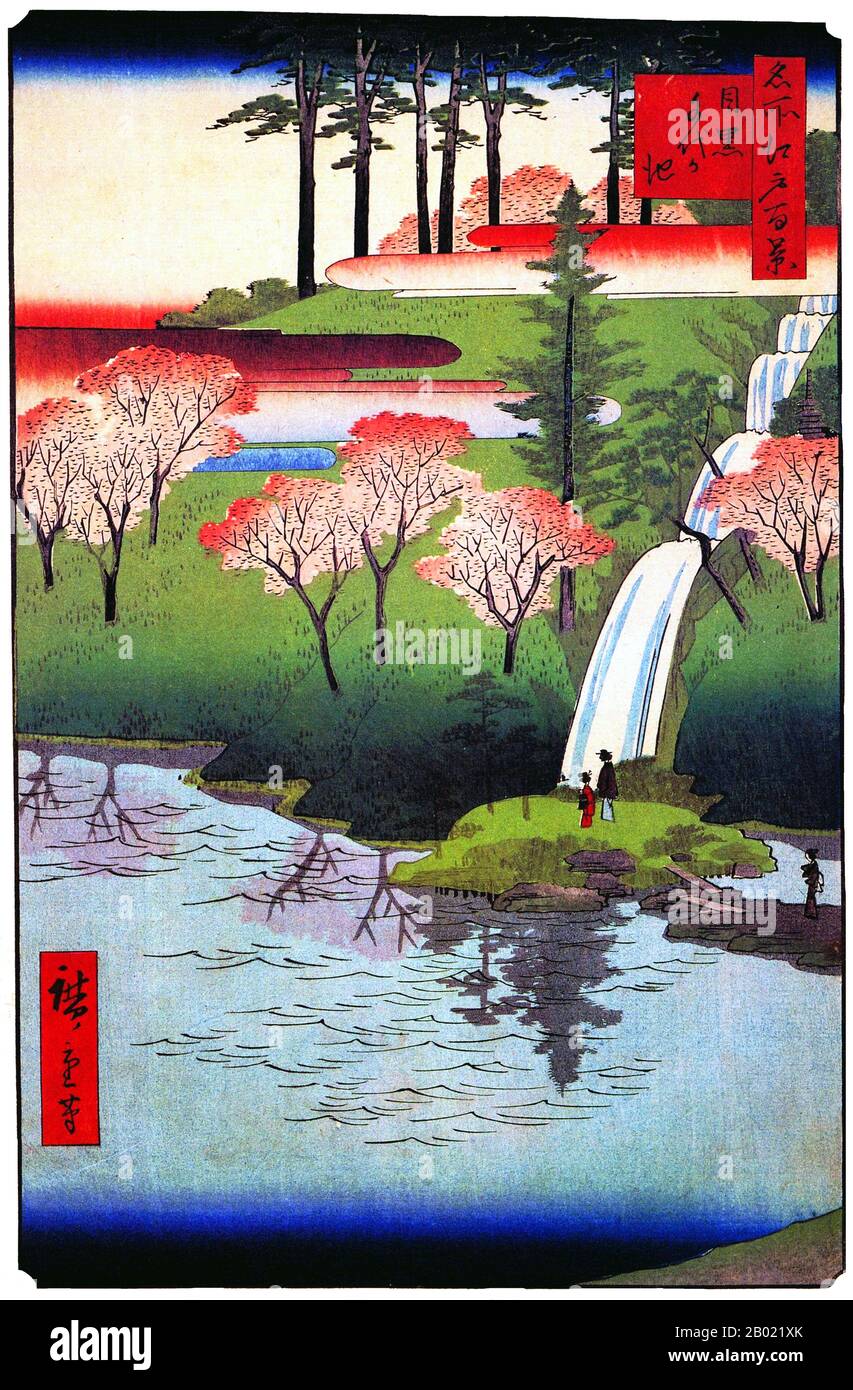 Japan: Meguro: Chiyogaike Pond. Bild 23 von Teil 1 (Frühling) von „100 berühmte Ansichten von Edo“. Ukiyo-e Holzschnitt von Utagawa Hiroshige (1797-1858), um 1856-1859. Hiroshiges 100 berühmte Ausblicke auf Edo, die sich aus 118 Holzblocklandschaften und Genreszenen aus Tokio Mitte des 19. Jahrhunderts zusammensetzen, ist eine der größten Errungenschaften der japanischen Kunst. Die Serie enthält viele der berühmtesten Drucke Hiroshiges. Es ist eine Feier des Stils und der Welt der besten kulturellen Blüte Japans am Ende des Tokugawa-Shogunats. Stockfoto