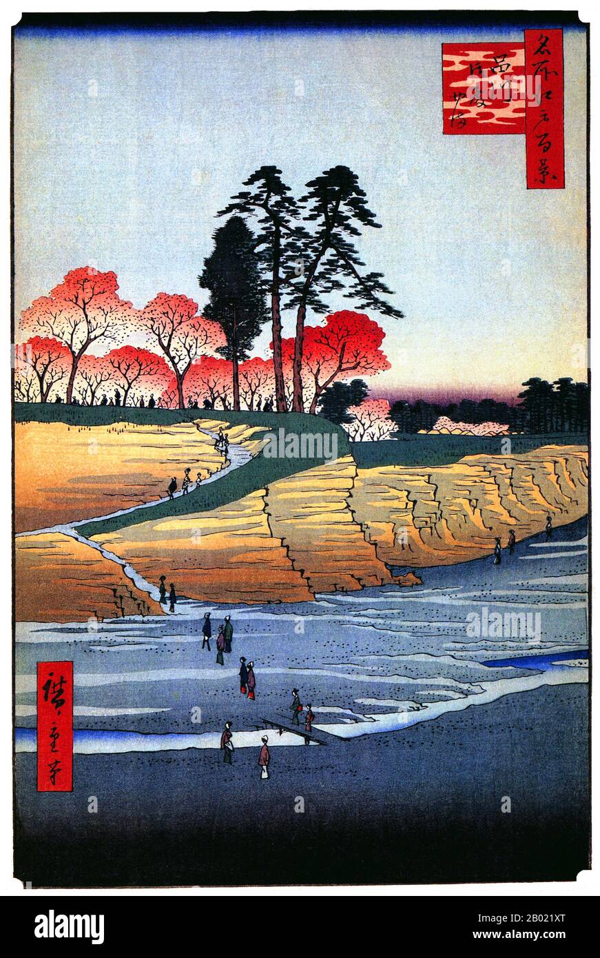 Japan: Shinagawa: Kirschbäume auf dem Palastberg. Bild 28 von Teil 1 (Frühling) von „100 berühmte Ansichten von Edo“. Ukiyo-e Holzschnitt von Utagawa Hiroshige (1797-1858), um 1856-1859. Hiroshiges 100 berühmte Ausblicke auf Edo, die sich aus 118 Holzblocklandschaften und Genreszenen aus Tokio Mitte des 19. Jahrhunderts zusammensetzen, ist eine der größten Errungenschaften der japanischen Kunst. Die Serie enthält viele der berühmtesten Drucke Hiroshiges. Es ist eine Feier des Stils und der Welt der besten kulturellen Blüte Japans am Ende des Tokugawa-Shogunats. Stockfoto