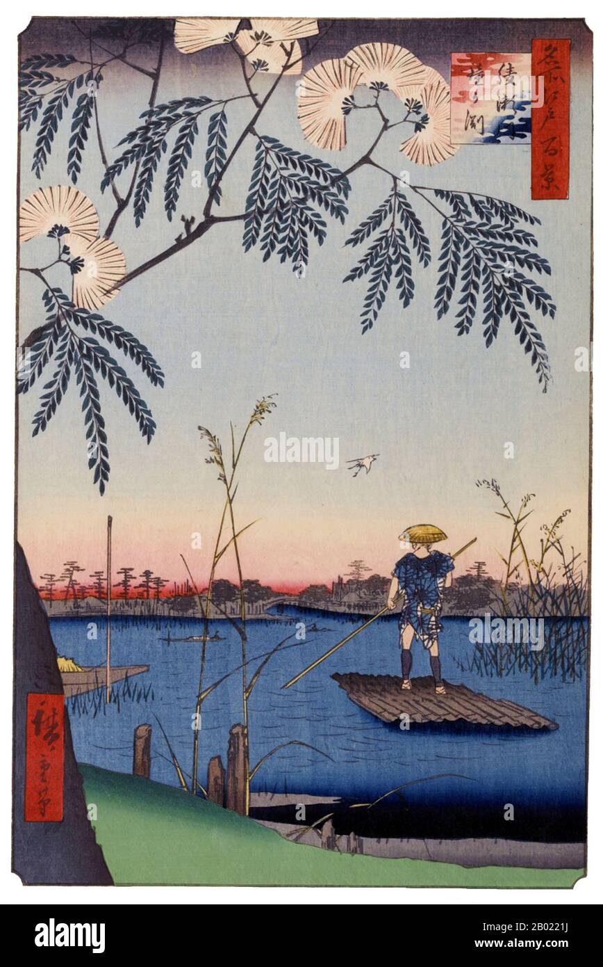 Japan: Kanegafuchi: Der Fluss Ayase und Kanegafuchi. Bild 63 von Teil 2 (Sommer) von „100 berühmte Ansichten von Edo“. Ukiyo-e Holzschnitt von Utagawa Hiroshige (1797-1858), um 1856-1859. Hiroshiges 100 berühmte Ausblicke auf Edo, die sich aus 118 Holzblocklandschaften und Genreszenen aus Tokio Mitte des 19. Jahrhunderts zusammensetzen, ist eine der größten Errungenschaften der japanischen Kunst. Die Serie enthält viele der berühmtesten Drucke Hiroshiges. Es ist eine Feier des Stils und der Welt der besten kulturellen Blüte Japans am Ende des Tokugawa-Shogunats. Stockfoto