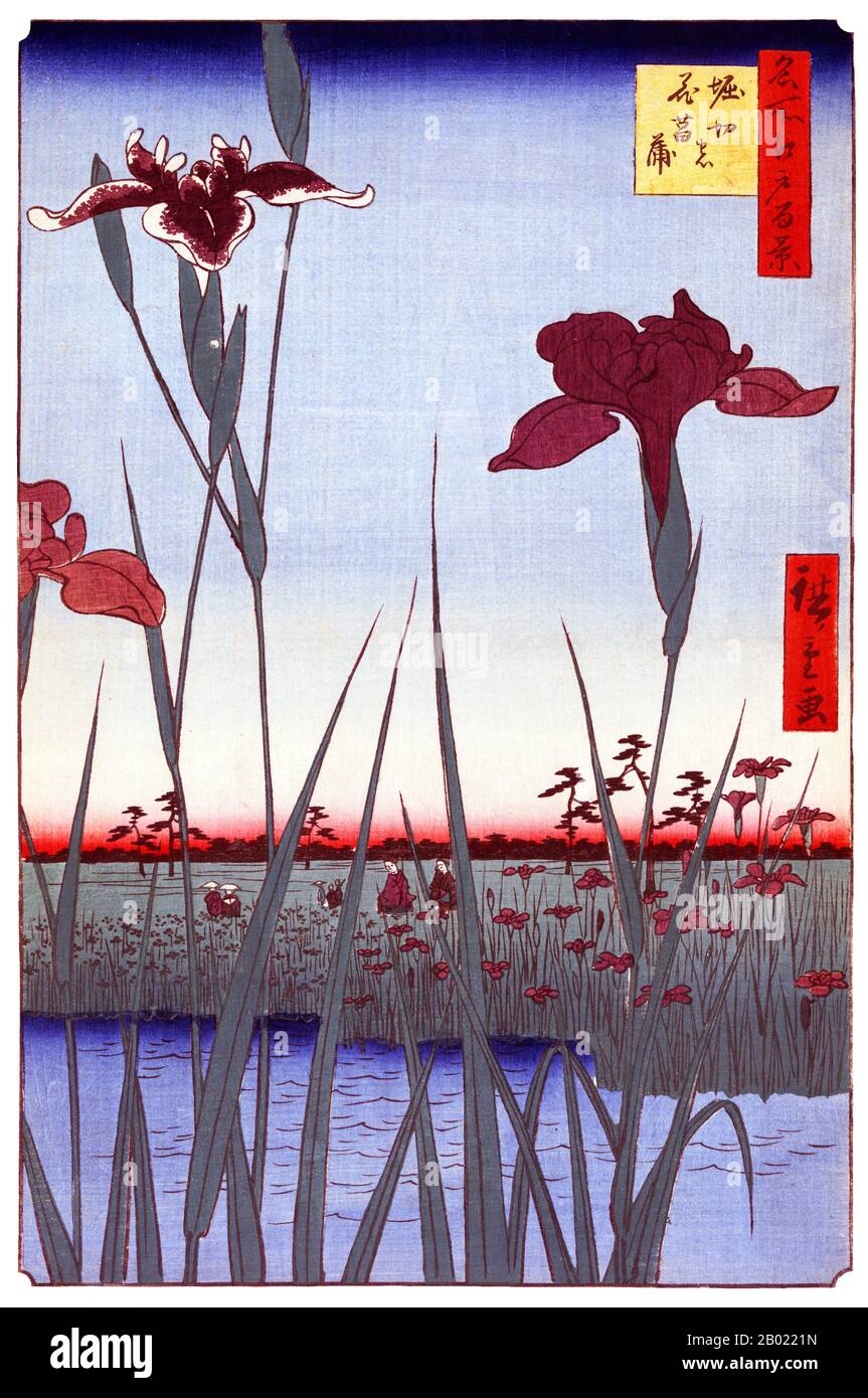 Japan: Horikiri: Iris-Garten in Horikiri. Bild 64 von Teil 2 (Sommer) von „100 berühmte Ansichten von Edo“. Ukiyo-e Holzschnitt von Utagawa Hiroshige (1797-1858), um 1856-1859. Hiroshiges 100 berühmte Ausblicke auf Edo, die sich aus 118 Holzblocklandschaften und Genreszenen aus Tokio Mitte des 19. Jahrhunderts zusammensetzen, ist eine der größten Errungenschaften der japanischen Kunst. Die Serie enthält viele der berühmtesten Drucke Hiroshiges. Es ist eine Feier des Stils und der Welt der besten kulturellen Blüte Japans am Ende des Tokugawa-Shogunats. Stockfoto
