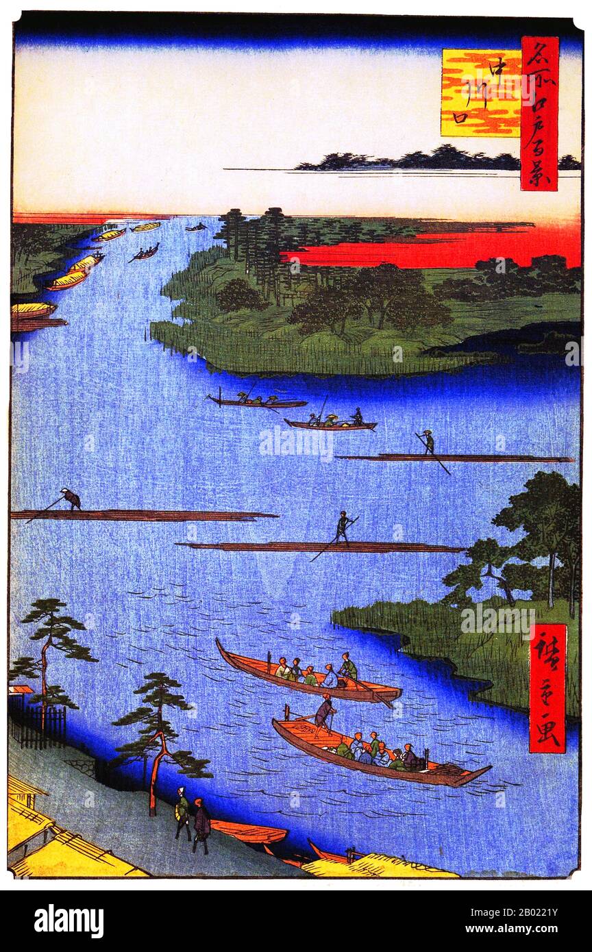 Japan: Nakagawa: Onagigawa- und Shinkawa-Kanäle an der Mündung des Nakagawa-Flusses. Bild 70 von Teil 2 (Sommer) von „100 berühmte Ansichten von Edo“. Ukiyo-e Holzschnitt von Utagawa Hiroshige (1797-1858), um 1856-1859. Hiroshiges 100 berühmte Ausblicke auf Edo, die sich aus 118 Holzblocklandschaften und Genreszenen aus Tokio Mitte des 19. Jahrhunderts zusammensetzen, ist eine der größten Errungenschaften der japanischen Kunst. Die Serie enthält viele der berühmtesten Drucke Hiroshiges. Es ist eine Feier des Stils und der Welt der besten kulturellen Blüte Japans am Ende des Tokugawa-Shogunats. Stockfoto