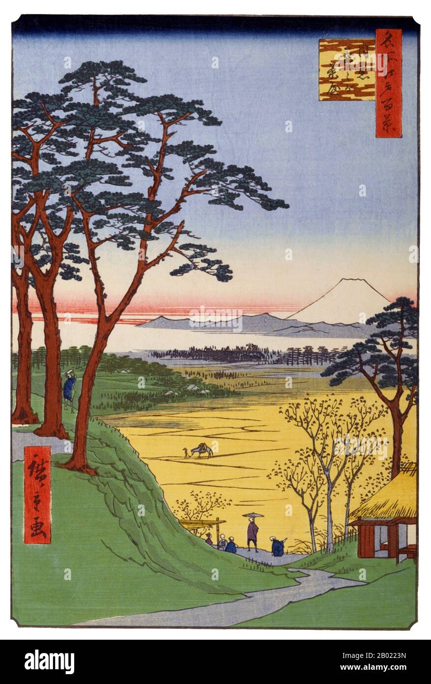 Japan: Meguro: "Großvaters Teehaus" in Meguro mit dem Fuji-Berg im Hintergrund. Bild 84 von Teil 3 (Herbst) von „100 berühmten Ansichten von Edo“. Ukiyo-e Holzschnitt von Utagawa Hiroshige (1797-1858), um 1856-1859. Hiroshiges 100 berühmte Ausblicke auf Edo, die sich aus 118 Holzblocklandschaften und Genreszenen aus Tokio Mitte des 19. Jahrhunderts zusammensetzen, ist eine der größten Errungenschaften der japanischen Kunst. Die Serie enthält viele der berühmtesten Drucke Hiroshiges. Es ist eine Feier des Stils und der Welt der besten kulturellen Blüte Japans am Ende des Tokugawa-Shogunats. Stockfoto