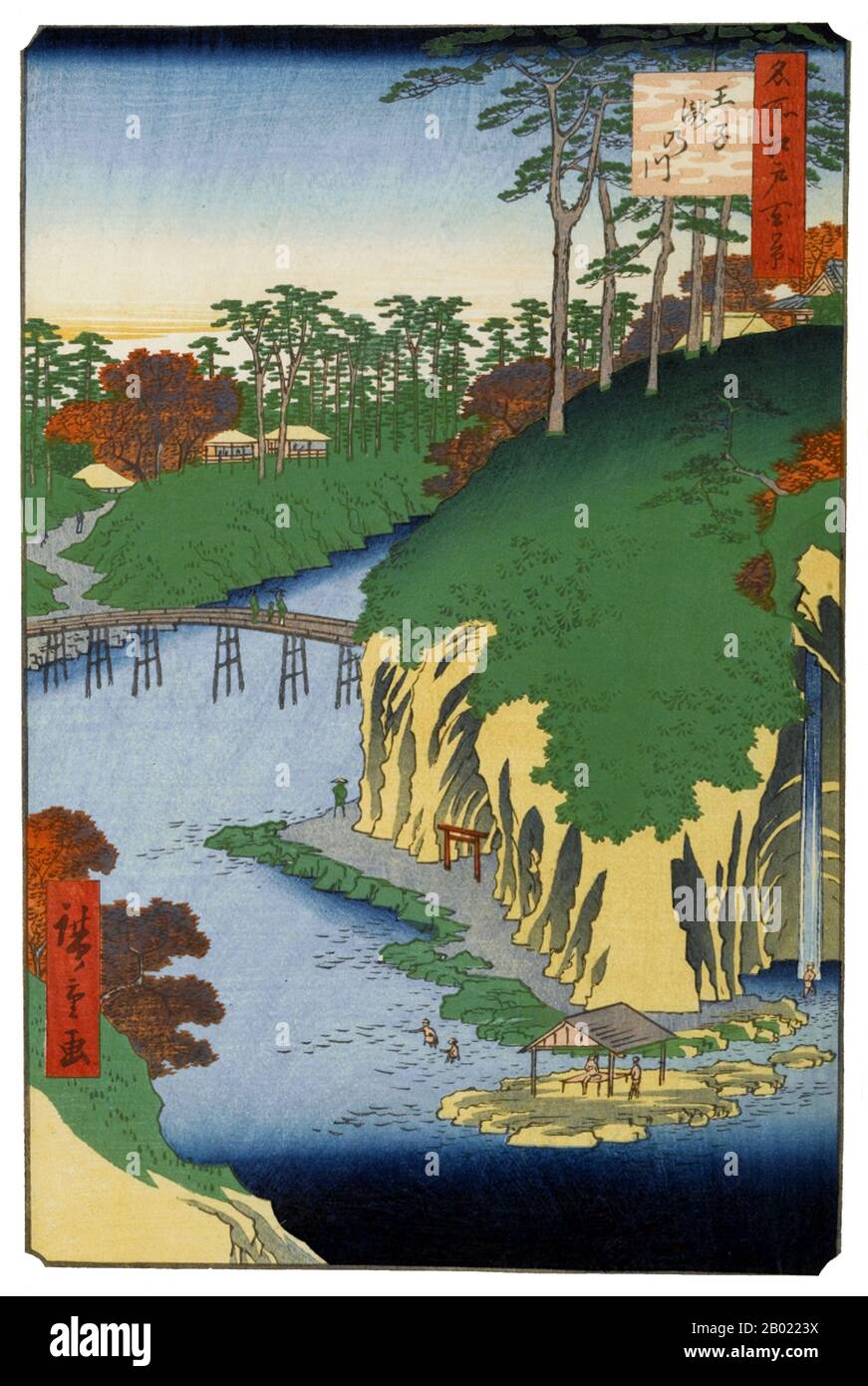 Die hundert Berühmten Ansichten von Hiroshige von Edo (名所江戸百景), die sich eigentlich aus 118 Szenen aus der Holzschnittlandschaft und dem Genre der Mitte des 19. Jahrhunderts Tokios zusammensetzen, sind eine der größten Errungenschaften der japanischen Kunst. Die Serie umfasst viele der berühmtesten Drucke von Hiroshige. Es stellt eine Feier des Stils und der Welt der schönsten kulturellen Blüte Japans am Ende des Tokugawa-Shogunats dar. Die Menschen in Edo markierten die Herbstsaison (秋の部) mit Ausflügen zu malerischen Sehenswürdigkeiten und Erntefesten und mit Blick auf das Herbstlaub auf seinem Höhepunkt. Die Drucke mit den Nummern 73 bis 98 deuten auf die Aktivitäten dieser Meere hin Stockfoto