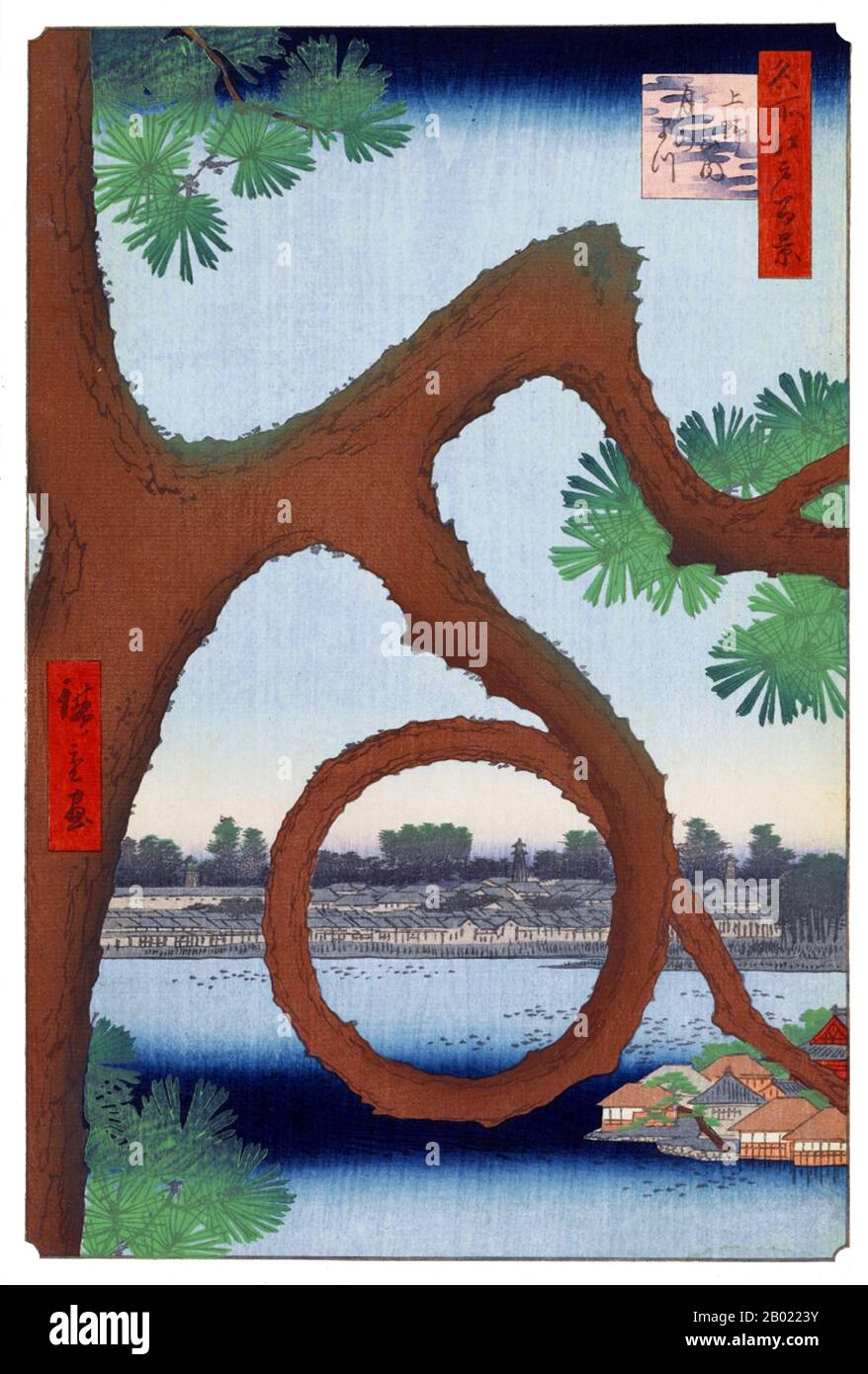 Japan: Ueno: Mondkiefer vor dem Shinobazu-Teich und dem Benten-Schrein in Ueno. Bild 89 von Teil 3 (Herbst) von „100 berühmten Ansichten von Edo“. Ukiyo-e Holzschnitt von Utagawa Hiroshige (1797-1858), um 1856-1859. Hiroshiges 100 berühmte Ausblicke auf Edo, die sich aus 118 Holzblocklandschaften und Genreszenen aus Tokio Mitte des 19. Jahrhunderts zusammensetzen, ist eine der größten Errungenschaften der japanischen Kunst. Die Serie enthält viele der berühmtesten Drucke Hiroshiges. Es ist eine Feier des Stils und der Welt der besten kulturellen Blüte Japans am Ende des Tokugawa-Shogunats. Stockfoto