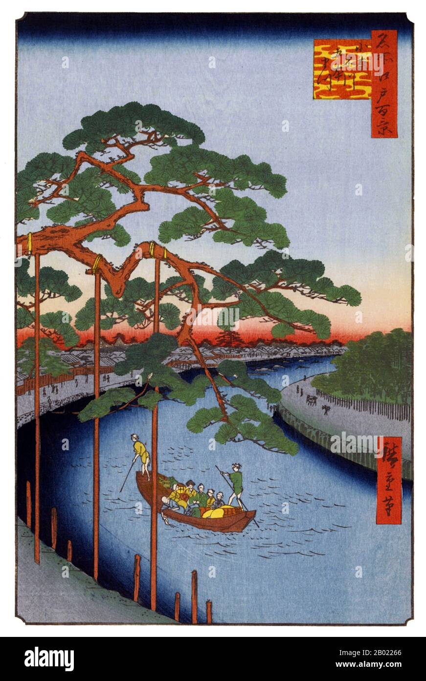 Japan: Onagi: Fünf Kiefern und der Onagi-Kanal. Bild 97 von Teil 3 (Herbst) von „100 berühmten Ansichten von Edo“. Ukiyo-e Holzschnitt von Utagawa Hiroshige (1797-1858), um 1856-1859. Hiroshiges 100 berühmte Ausblicke auf Edo, die sich aus 118 Holzblocklandschaften und Genreszenen aus Tokio Mitte des 19. Jahrhunderts zusammensetzen, ist eine der größten Errungenschaften der japanischen Kunst. Die Serie enthält viele der berühmtesten Drucke Hiroshiges. Es ist eine Feier des Stils und der Welt der besten kulturellen Blüte Japans am Ende des Tokugawa-Shogunats. Stockfoto