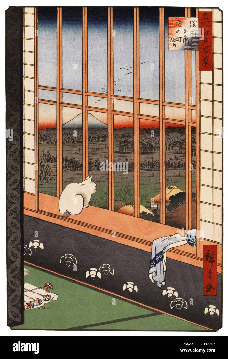 Japan: Asakusa: Yoshiwara Teehaus Mit Blick Auf Die Reisfelder Von Asakusa Während Des Torinomachi Festivals. Bild 101 von Teil 4 (Winter) von „100 berühmte Ansichten von Edo“. Ukiyo-e Holzschnitt von Utagawa Hiroshige (1797-1858), um 1856-1859. Hiroshiges 100 berühmte Ausblicke auf Edo, die sich aus 118 Holzblocklandschaften und Genreszenen aus Tokio Mitte des 19. Jahrhunderts zusammensetzen, ist eine der größten Errungenschaften der japanischen Kunst. Die Serie enthält viele der berühmtesten Drucke Hiroshiges. Es ist eine Feier des Stils und der Welt der besten kulturellen Blüte Japans am Ende des Tokugawa-Shogunats. Stockfoto