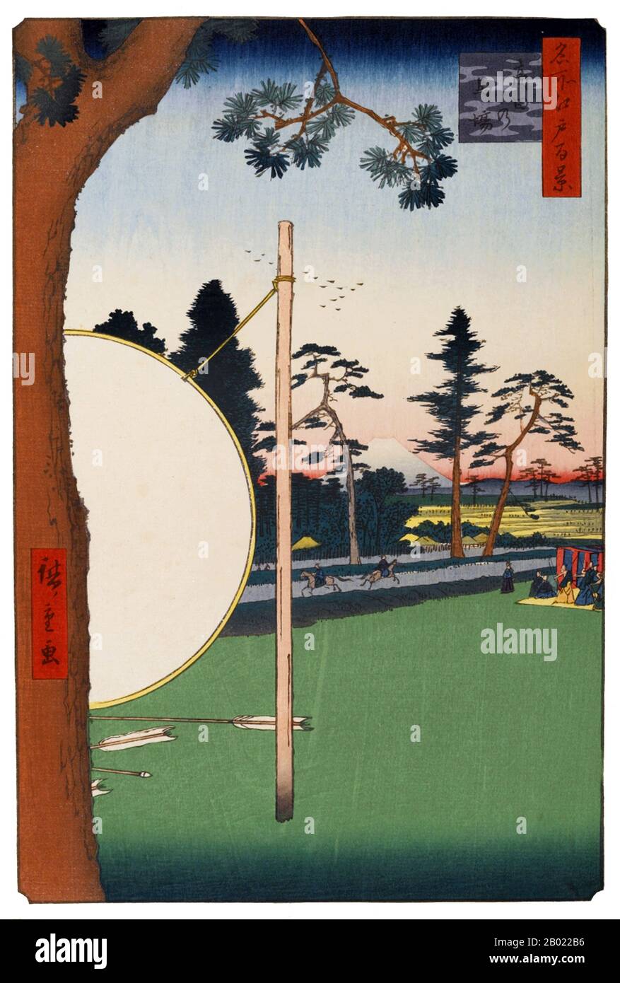 Japan: Takata: Das Reitgelände Takata. Bild 115 von Teil 4 (Winter) von „100 berühmte Ansichten von Edo“. Ukiyo-e Holzschnitt von Utagawa Hiroshige (1797-1858), um 1856-1859. Hiroshiges 100 berühmte Ausblicke auf Edo, die sich aus 118 Holzblocklandschaften und Genreszenen aus Tokio Mitte des 19. Jahrhunderts zusammensetzen, ist eine der größten Errungenschaften der japanischen Kunst. Die Serie enthält viele der berühmtesten Drucke Hiroshiges. Es ist eine Feier des Stils und der Welt der besten kulturellen Blüte Japans am Ende des Tokugawa-Shogunats. Stockfoto