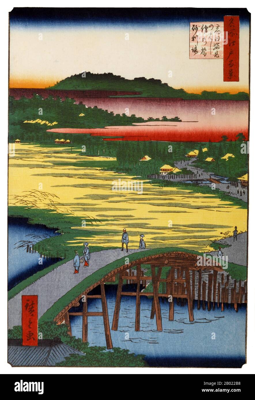 Japan: Takada: Hikawa Rice Field, Sugatami Bridge, Omokage Bridge und Jariba bei Takada. Bild 116 von Teil 4 (Winter) von „100 berühmte Ansichten von Edo“. Ukiyo-e Holzschnitt von Utagawa Hiroshige (1797-1858), um 1856-1859. Hiroshiges 100 berühmte Ausblicke auf Edo, die sich aus 118 Holzblocklandschaften und Genreszenen aus Tokio Mitte des 19. Jahrhunderts zusammensetzen, ist eine der größten Errungenschaften der japanischen Kunst. Die Serie enthält viele der berühmtesten Drucke Hiroshiges. Es ist eine Feier des Stils und der Welt der besten kulturellen Blüte Japans am Ende des Tokugawa-Shogunats. Stockfoto