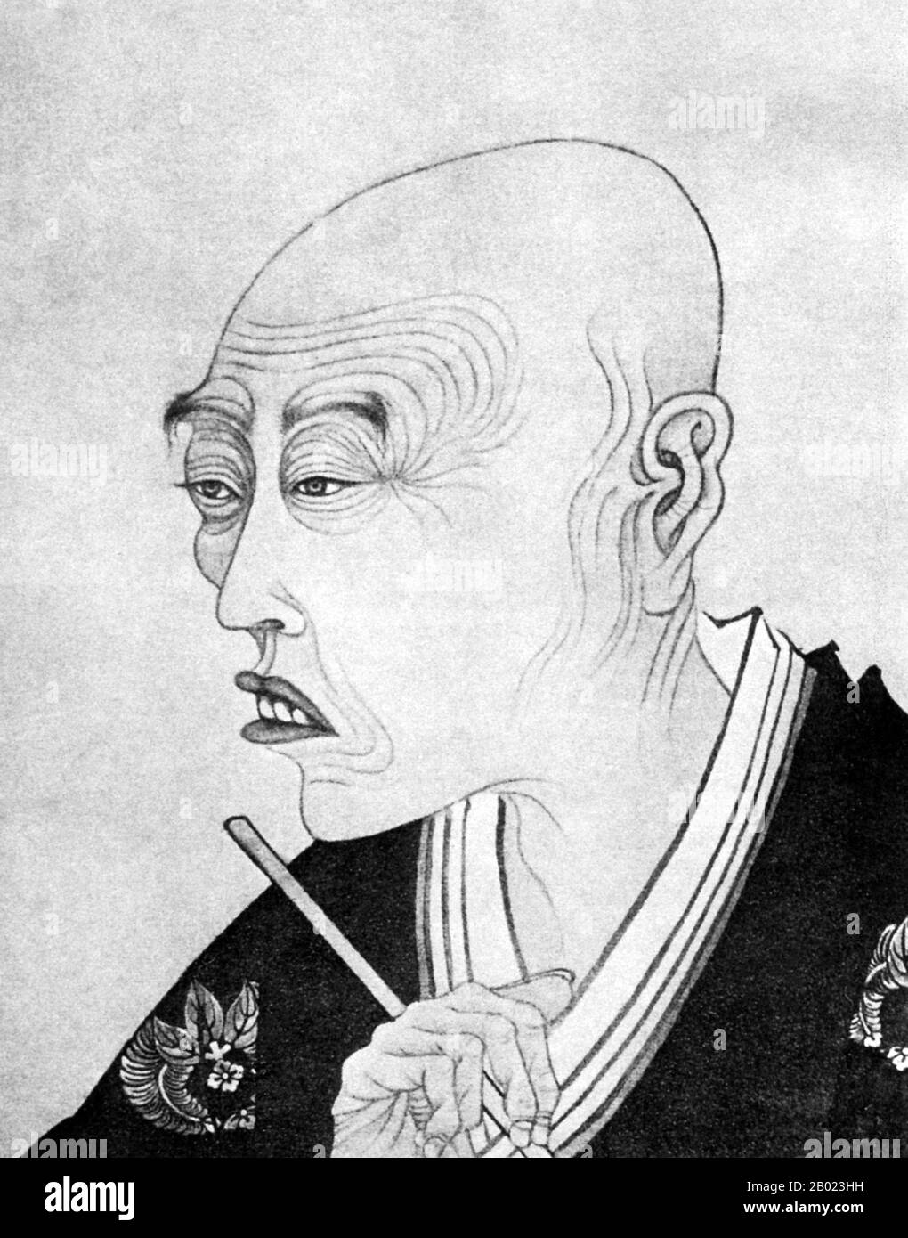 Japan: Tani Bunchō (15. Oktober 1763 bis 6. Januar 1840), japanischer Literatus (Bunjin) und Maler. Porträt von Osaka Bunyo, Mitte des 19. Jahrhunderts. Tani Bunchō war ein japanischer Literatus, Maler und Dichter. Er war der Sohn des Dichters Tani Rokkoku. Da seine Familie Gefolgsleute der Tayasu-Familie war, die Nachkommen des achten Tokugawa-Shogun, erbte Bunchō den Status eines Samurai und erhielt ein Stipendium, um die damit verbundenen Aufgaben zu erfüllen. In seiner Jugend begann er die Maltechnik der Kanō-Schule bei Katō Bunrei zu studieren. Nach Bunreis Tod arbeitete Bunchō mit Meistern anderer Schulen. Stockfoto