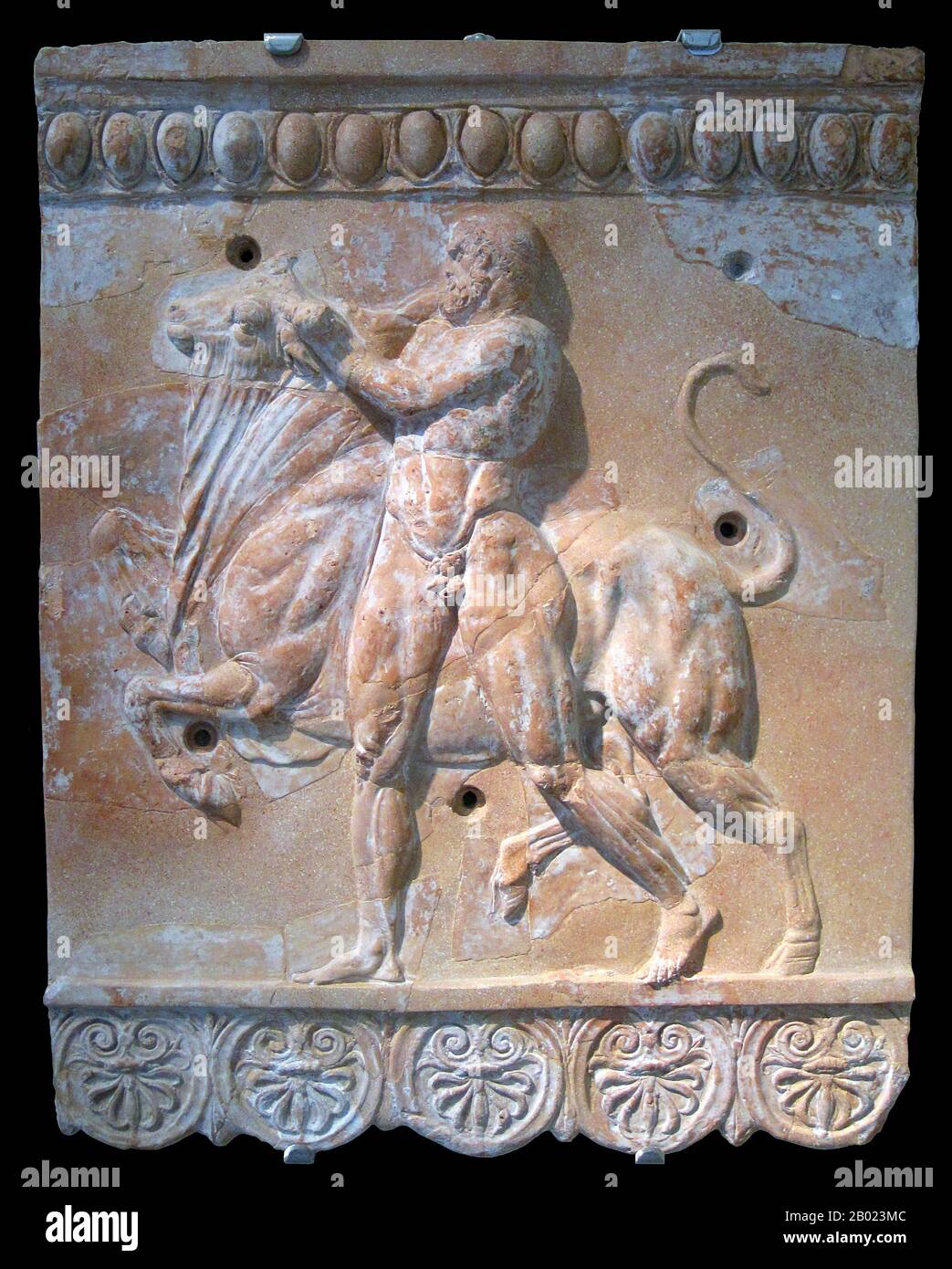 Der römische Mythograph Julius Pollux, der im 2. Jahrhundert v. u. z. schreibt, behauptet (Onomasticon I, 45-49), dass der violette Tyrian-Farbstoff zuerst von Heracles entdeckt wurde, oder vielmehr von seinem Hund, dessen Mund an den Schnecken entlang der Küste des Levants violett gefleckt wurde. Stockfoto