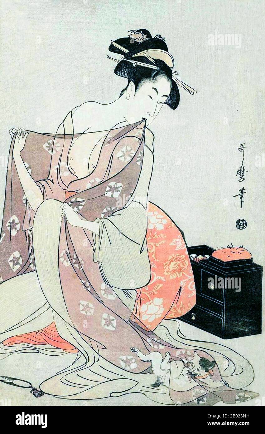 Japan: "Eine Frau und eine Katze". Ukiyo-e Holzschnitt von Kitagawa Utamaro (ca. 1753 - 31. Oktober 1806), ca. 1793-1794. Kitagawa Utamaro war ein japanischer Drucker und Maler, der als einer der größten Künstler von Holzschnitten (Ukiyo-e) gilt. Er ist vor allem für seine meisterhaft komponierten Studien über Frauen bekannt, bekannt als Bijinga. Er schuf auch Naturstudien, insbesondere illustrierte Bücher über Insekten. Stockfoto
