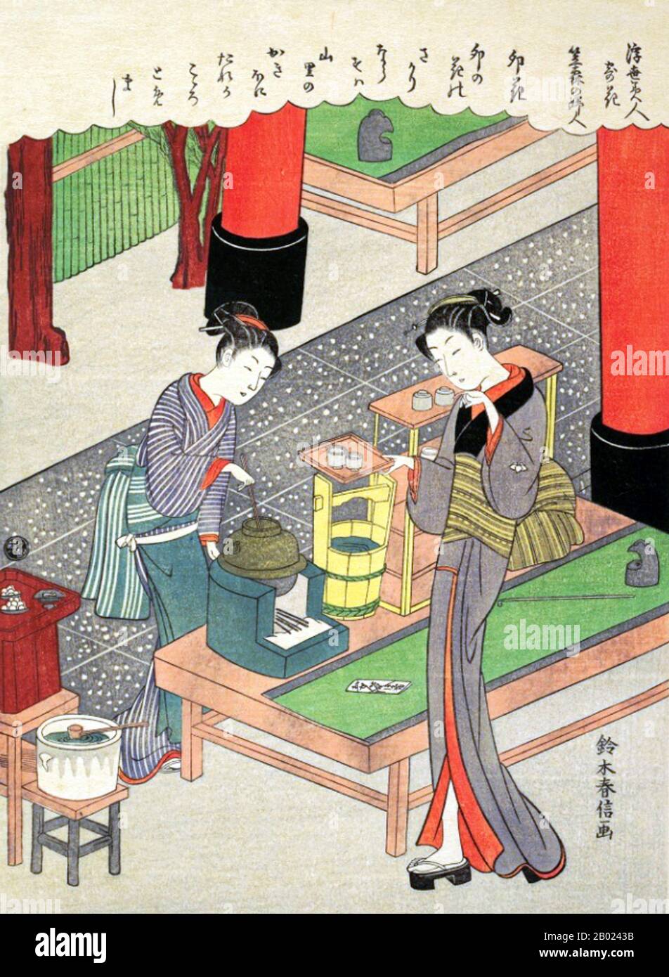 Japan: Die Junge Frau Kasamori: Deutiza Flowers (Kagiya Osen). Ukiyo-e Holzschnitt aus der Serie 'Schönheiten der schwimmenden Welt assoziiert mit Blumen' von Suzuki Harunobu (1724-1770) um 1768-1769. Suzuki Harunobu war ein japanischer Holzschnitt-Künstler, einer der berühmtesten im Ukiyo-e-Stil. Er war ein Innovator und der erste, der 1765 Vollfarbdrucke (nishiki-e) herstellte und die früheren Modi der zwei- und dreifarbigen Drucke veraltete. Harunobu verwendete viele spezielle Techniken und stellte eine Vielzahl von Themen dar, von klassischen Gedichten bis zu zeitgenössischen Schönheiten (bijinga). Stockfoto
