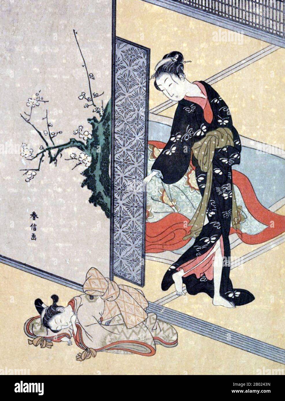 Japan: "Die junge Dame schaut durch die Tür auf ihren Kamuro, der auf dem Boden schläft." Ukiyo-e Holzschnitt von Suzuki Harunobu (1724-1770) um 1765-1770. Suzuki Harunobu war ein japanischer Holzschnitt-Künstler, einer der berühmtesten im Ukiyo-e-Stil. Er war ein Innovator und der erste, der 1765 Vollfarbdrucke (nishiki-e) herstellte und die früheren Modi der zwei- und dreifarbigen Drucke veraltete. Harunobu verwendete viele spezielle Techniken und stellte eine Vielzahl von Themen dar, von klassischen Gedichten bis zu zeitgenössischen Schönheiten (bijin, bijin-ga). Stockfoto