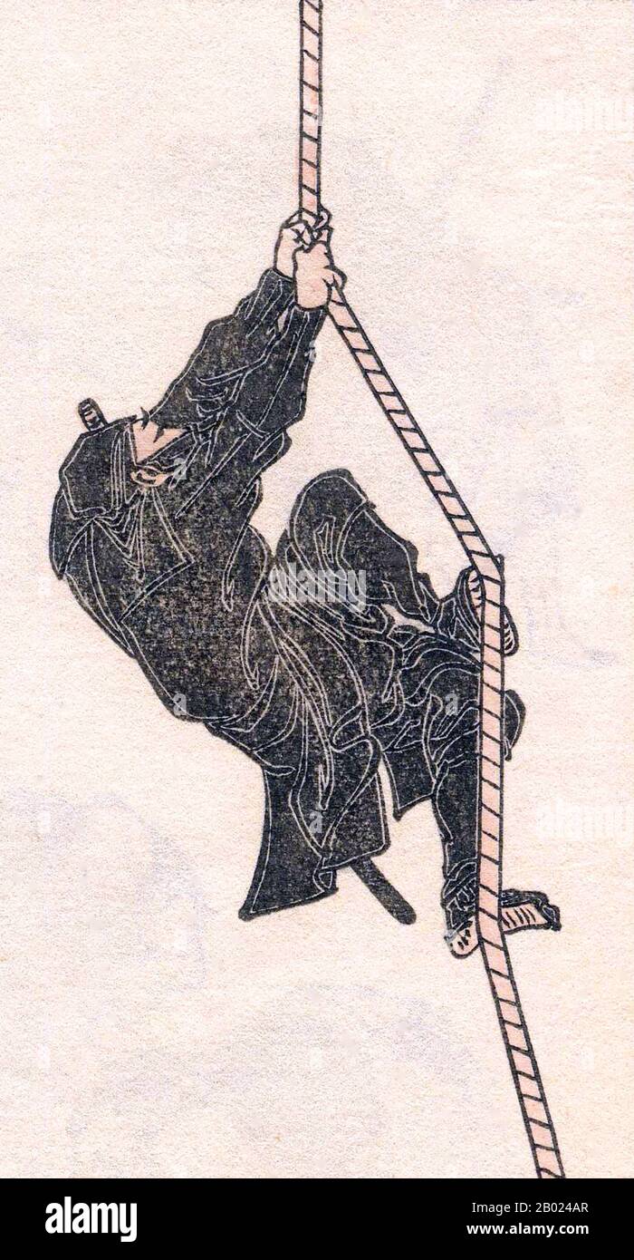 Japan: Ninja klettern an einem Seil. Ukiyo-e Holzschnitt aus der 14-bändigen Hokusai Manga (Skizzen-Sammlung) von Katsushika Hokusai (31. Oktober 1760 bis 10. Mai 1849), 1817. Ein Ninja oder Shinobi war ein verdeckter Agent oder Söldner im feudalen Japan, der sich auf unorthodoxe Kriegsführung spezialisiert hat. Zu den Aufgaben der Ninja gehörten Spionage, Sabotage, Infiltration, Attentat und offener Kampf in bestimmten Situationen. Ihre verdeckten Methoden, Krieg zu führen, stellten den Ninja den Samurai gegenüber, die strenge Regeln über Ehre und Kampf einhalten. Stockfoto