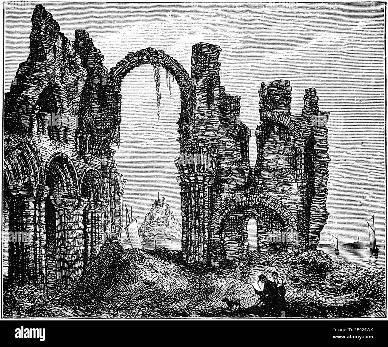 England/Vereinigtes Königreich: Die Ruinen der Priory Lindisfarne um 1850. Anon., aus C. Arthur Lane, Illustrated Notes on English Church History, 1901. Das Kloster Lindisfarne wurde von dem irischen Mönch Saint Aidan gegründet, der von Iona vor der Westküste Schottlands auf Wunsch von König Oswald um 635 n. Chr. nach Northumbria geschickt worden war. Sie wurde zur Basis für die christliche Evangelisierung in Nordengland und schickte auch eine erfolgreiche Mission nach Mercia. Mönche aus der Gemeinde Iona ließen sich auf der Insel nieder. Northumberlands schutzheiliger, Saint Cuthbert, war Mönch und später Abt des Klosters. Stockfoto