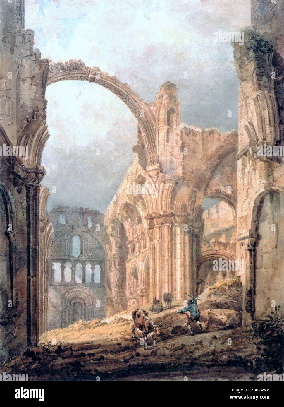 England/Vereinigtes Königreich: Innenraum der Priory Lindisfarne. Aquarellgemälde von Thomas Girtin (1775-1802), 1797. Das Kloster Lindisfarne wurde von dem irischen Mönch Saint Aidan gegründet, der von Iona vor der Westküste Schottlands auf Wunsch von König Oswald um 635 n. Chr. nach Northumbria geschickt worden war. Sie wurde zur Basis für die christliche Evangelisierung in Nordengland und schickte auch eine erfolgreiche Mission nach Mercia. Mönche aus der Gemeinde Iona ließen sich auf der Insel nieder. Northumberlands schutzheiliger, Saint Cuthbert, war Mönch und später Abt des Klosters. Stockfoto