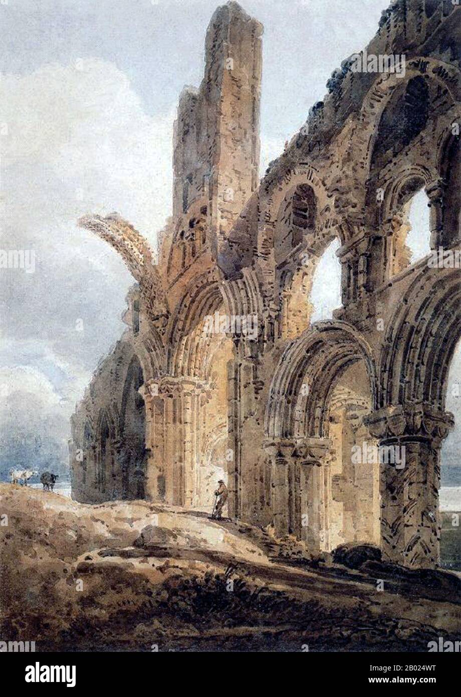 England/UK: Die Ruinen der Priory Lindisfarne. Aquarellgemälde von Thomas Girtin (1775-1802), 1798. Das Kloster Lindisfarne wurde von dem irischen Mönch Saint Aidan gegründet, der von Iona vor der Westküste Schottlands auf Wunsch von König Oswald um 635 n. Chr. nach Northumbria geschickt worden war. Sie wurde zur Basis für die christliche Evangelisierung in Nordengland und schickte auch eine erfolgreiche Mission nach Mercia. Mönche aus der Gemeinde Iona ließen sich auf der Insel nieder. Northumberlands schutzheiliger, Saint Cuthbert, war Mönch und später Abt des Klosters. Stockfoto