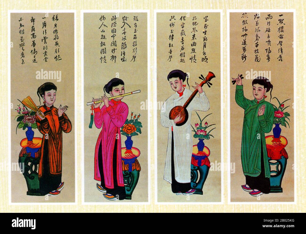 Vietnam: Eine Auswahl traditioneller vietnamesischer Musikinstrumente. Traditionelles Holzschnitt-Gemälde aus den Straßen Hang Trong und Hang Non im Viertel 36 Hàng Trống von Old Hanoi. Hang Trong Painting (vietnamesisch Tranh Hàng Trống) ist ein Genre der vietnamesischen Holzschnitt-Malerei, die ihren Ursprung in der Gegend der Hàng Trống- und Hàng Nón-Straßen im 36-Straßen-Viertel von Old Hanoi hat. In der Vergangenheit war die Hang Trong-Malerei ein wesentliches Element des Tết-Urlaubs in Hanoi, aber heute ist diese Tradition fast verschwunden und authentische Hang Trong-Gemälde sind nur in Museen oder Galerien zu finden. Stockfoto Vietnam: Eine Auswahl traditioneller vietnamesischer Musikinstrumente. Traditionelles Holzschnitt-Gemälde aus den Straßen Hang Trong und Hang Non im Viertel 36 Hàng Trống von Old Hanoi. Hang Trong Painting (vietnamesisch Tranh Hàng Trống) ist ein Genre der vietnamesischen Holzschnitt-Malerei, die ihren Ursprung in der Gegend der Hàng Trống- und Hàng Nón-Straßen im 36-Straßen-Viertel von Old Hanoi hat. In der Vergangenheit war die Hang Trong-Malerei ein wesentliches Element des Tết-Urlaubs in Hanoi, aber heute ist diese Tradition fast verschwunden und authentische Hang Trong-Gemälde sind nur in Museen oder Galerien zu finden. Stockfoto