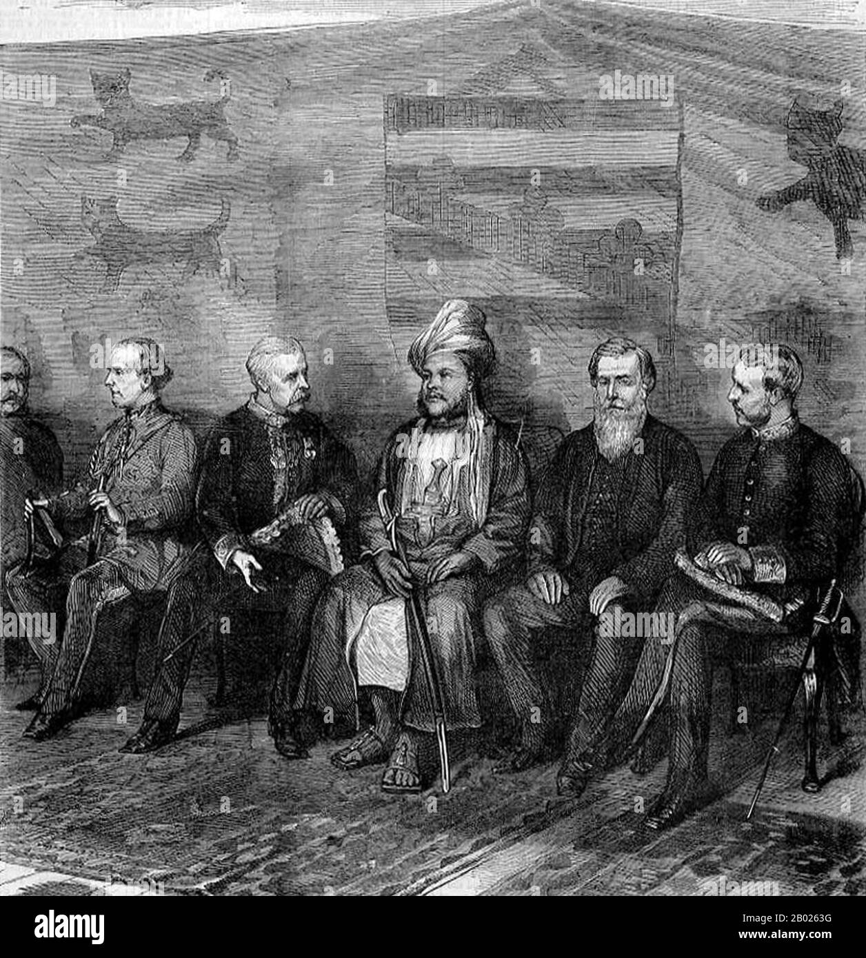 Sayyid Barghash bin Sagte Al-Busaid, GCMG, GCTE (1837 - 26. März 1888) (arabisch: برغش بن سعيد البوسعيد‎), Sohn Von Said bin Sultan, war der zweite Sultan von Sansibar. Barghash regierte Sansibar vom 7. Oktober 1870 bis zum 26. März 1888. Sir Henry Bartle Edward Frere, 1st Baronet, GCB, GCSI, (29. März 1815 - 29. Mai 1884) war ein britischer Kolonialverwalter. Im Jahr 1872 schickte ihn das Auswärtige Amt nach Sansibar, um einen Vertrag mit dem Sultan auszuhandeln, sagte Barghash bin zur Unterdrückung des Sklavenverkehrs. Stockfoto