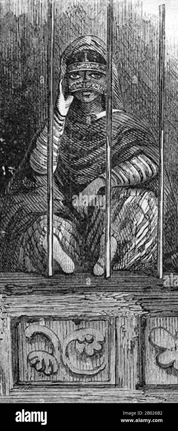 Tansania/Sansibar: Shamboa, Schwester von Sayyid Majid bin Said Al-Busaid, Sultan von Sansibar (1834 - 7. Oktober 1870). Kupferstich aus Harper's New Monthly Magazine, 1868-1869. Sayyid Majid bin sagte, Al-Busaid sei der erste Sultan von Sansibar. Er regierte Sansibar vom 19. Oktober 1856 bis zum 7. Oktober 1870. Majid wurde Sultan von Sansibar und Oman nach dem Tod seines Vaters, Sayyid Said bin Sultan, aber sein Beitritt wurde angefochten. Nach dem Kampf um den Beitritt zum Sultan von Oman wurden Sansibar und Oman in zwei getrennte Fürstentümer aufgeteilt, wobei Majiden Sansibar regierten. Stockfoto