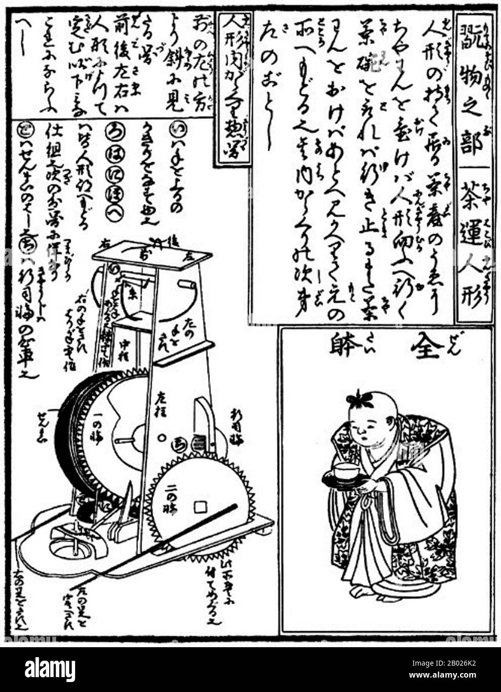 Karakuri-zui wurde von Hosokawa Hanzo Yorinao geschrieben und in der Edo-Zeit (1798) veröffentlicht. Diese, Japans ältestes Manuskript des Maschinenbaus, besteht aus drei Bänden. Sie wurden später in Osaka und Kyoto nachgedruckt. Das Kompendium beschreibt die Struktur und den Bauablauf von Uhren (wadokei, jp. 和時計) und automatisiert (Karakuri ningyō, jp. からくり人形) mechanische Puppen, und es erklärt nicht nur die Techniken, sondern auch den Geist der Herstellung dieser mechanischen Geräte. Stockfoto
