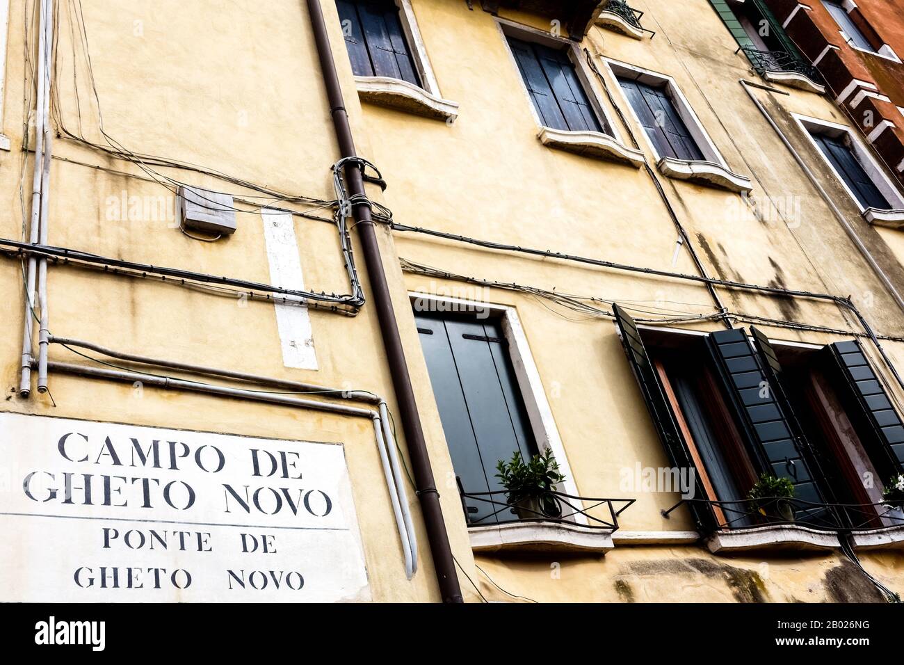 Campo del Ghetto Nuovo, New Ghetto Field. Straßenschild. Sestiere di Cannaregio historisches Viertel von Venedig. La Serenissima. Italien, Europa, EU Stockfoto
