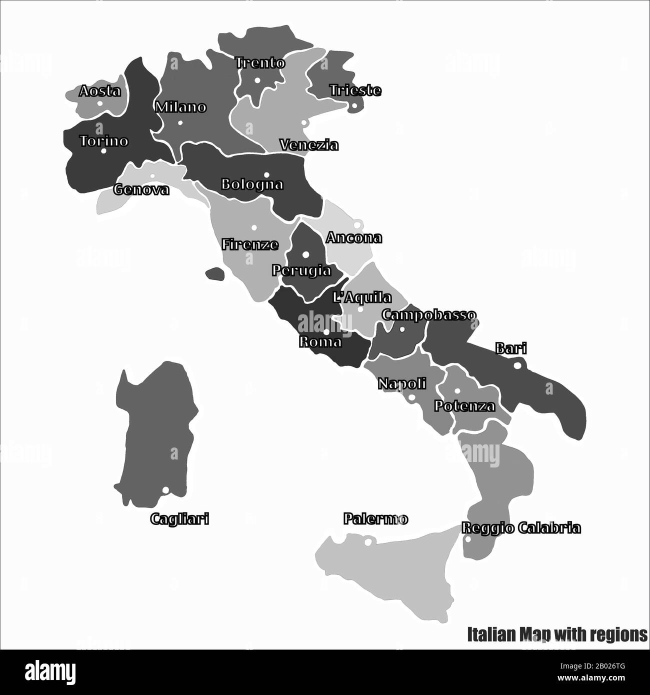 Karte von Italien helle grafische Darstellung. Handgefertigte Zeichnung mit Karte. Italien Karte mit italienischen Großstädten und Regionen. Helle Abbildung Stockfoto