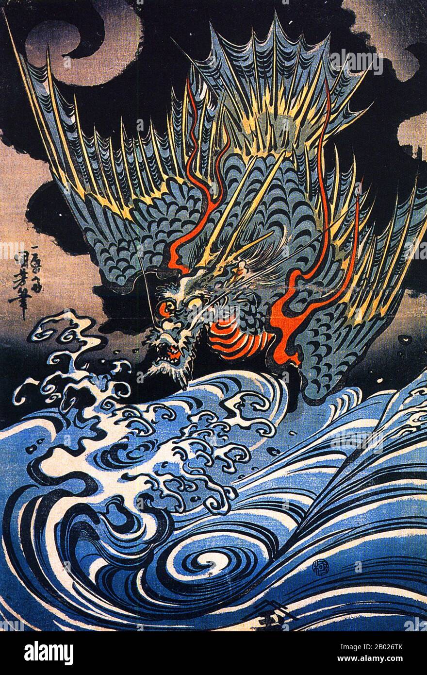 Utagawa Kuniyoshi (歌川 国芳) war einer der letzten großen Meister des japanischen Ukiyo-e-Stils der Holzschnitte und Malerei. Er ist mit der Utagawa-Schule verbunden. Die Bandbreite der bevorzugten Themen von Kuniyoshi umfasste viele Genres: Landschaften, schöne Frauen, Kabuki-Schauspieler, Katzen und Fabeltiere. Er ist bekannt für Darstellungen der Schlachten von Samurai und legendären Helden. Sein Kunstwerk war von westlichen Einflüssen in der Landschaftsmalerei und Karikatur betroffen. Stockfoto