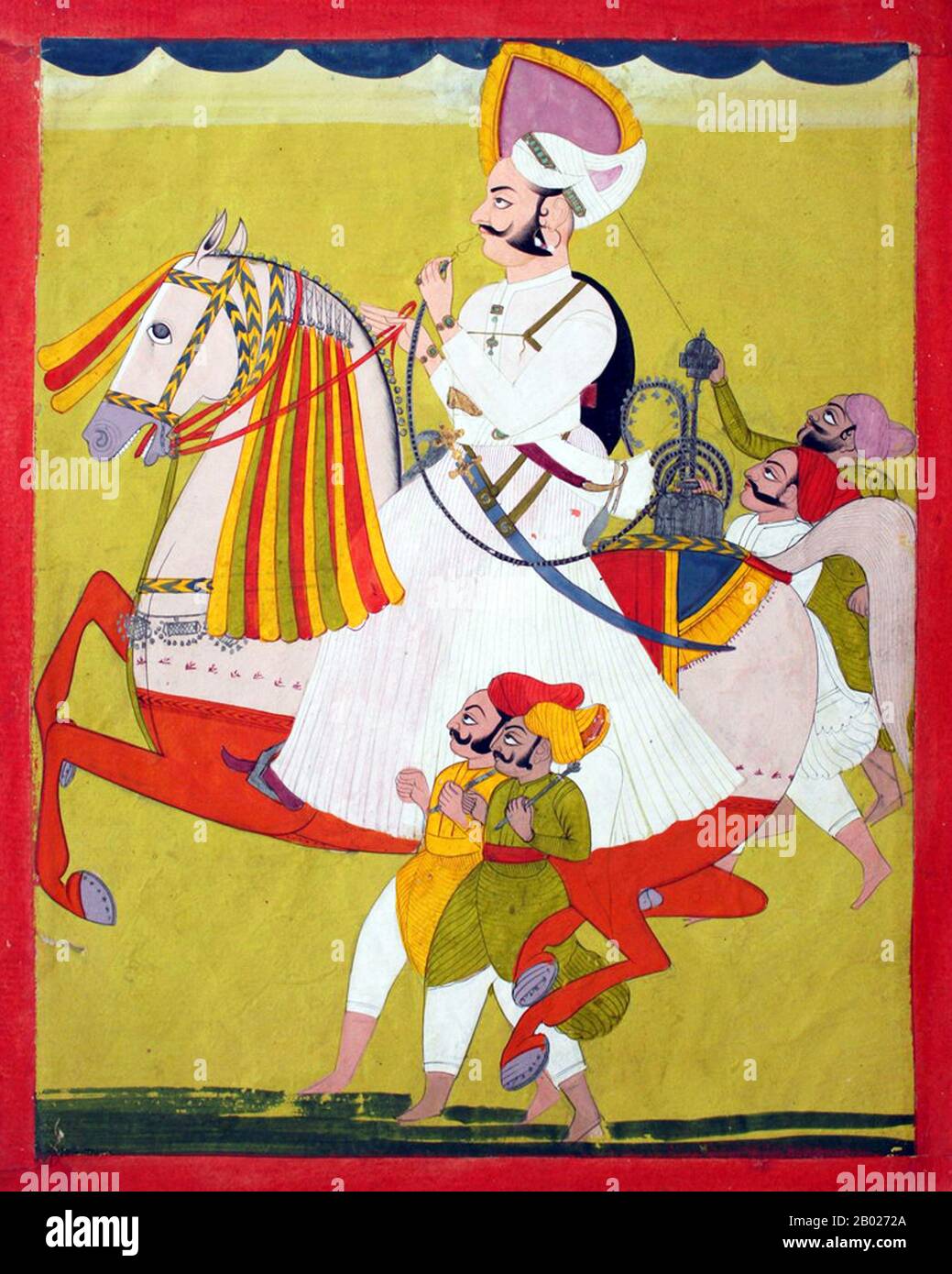 Indien: Herrscher oder Prinz zu Pferd rauchend eine Wasserpfeife, Marwar, Rajasthan. Miniatur-Aquarellmalerei, Anfang des 19. Jahrhunderts. Marwar ist eine Region im südwestlichen Rajasthan im Westen Indiens. Sie liegt teilweise in der Wüste Thar. Im Rajasthani-Dialekt bedeutet „wad“ ein bestimmtes Gebiet. Das Wort Marwar leitet sich vom Sanskrit-Wort Maruwat ab. Die englische Übersetzung des Wortes lautet „die Region der Wüste“. Marwar umfasst die heutigen Distrikte Barmer, Jalore, Lakshman Nagar, Jodhpur, Nagaur und Pali. Sie wird im Norden von der Region Jangladesch und im Nordosten von Dhundhar begrenzt. Stockfoto