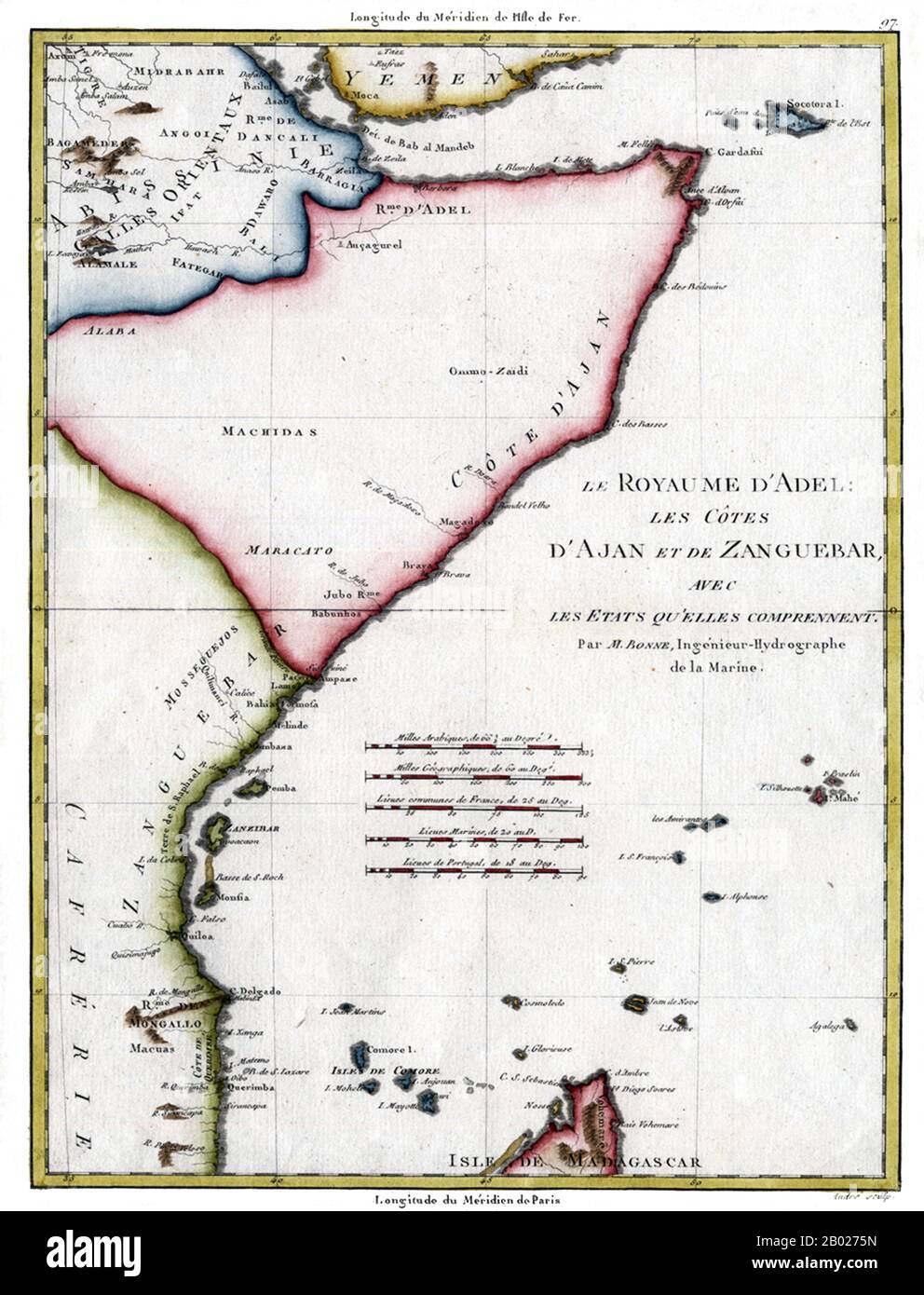 Ostafrika/Indischer Ozean: "Die Küsten von Ajan und Zanguebar". Karte von Rigobert M. Bonne (1727-1795), Paris, 1787. Die Swahili-Küste bezeichnet die Küste oder Küstenregion Ostafrikas, die von den Swahili bewohnt wird, hauptsächlich Kenia, Tansania und Nordmosambik. Der Begriff kann auch die Inseln Sansibar, Pate oder Komoren umfassen, die vor der Swahili-Küste liegen. Die Swahili-Küste hat eine eigene Kultur, Religion und Geografie. Stockfoto