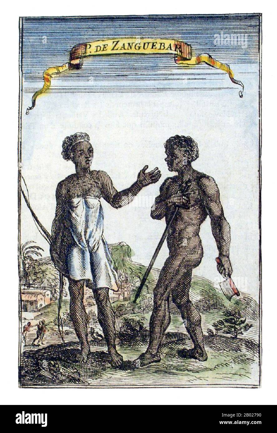 Tansania/Sansibar: "Volk von Sanguebar". Stich aus Allain Manesson Mallets (1630-1706) 'Description de l'Univers', Paris, 1683. Eine Illustration von Sansibar 15 Jahre vor der Gründung des Sultanats Sansibar durch Oman. Sansibar ist ein halbautonomer Teil Tansanias in Ostafrika. Sie besteht aus dem Sansibar-Archipel im Indischen Ozean, 25-50 km (16-31 mi) vor der Küste des Festlandes, und besteht aus zahlreichen kleinen und zwei großen Inseln: Unguja (die Hauptinsel, informell Sansibar genannt) und Pemba Stockfoto
