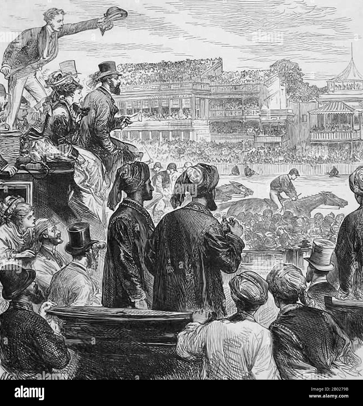 Tansania/Sansibar: Sultan Sayyid Sir Barghash bin Said al-Busaid (1837 - 26. März 1888) beobachtet die Pferderennen in Ascot, England. Gravur für die Illustrated London News, 19. Juni 1875. Sayyid Barghash bin Said Al-Busaid, GCMG, GCTE, Sohn von Said bin Sultan, war der zweite Sultan von Sansibar. Barghash regierte Sansibar vom 7. Oktober 1870 bis zum 26. März 1888. Barghash wird dafür verantwortlich gemacht, einen Großteil der Infrastruktur von Stone Town zu bauen, einschließlich Leitungswasser, öffentliche Bäder, eine Polizei, Straßen, Parks, Krankenhäuser und große Verwaltungsgebäude wie das Bait el-Ajaib (Haus der Wunder). Stockfoto