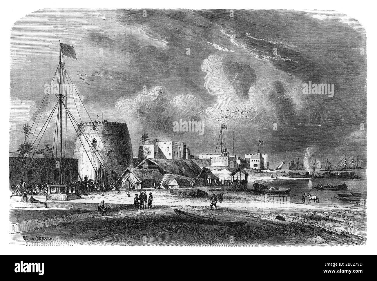 Tansania/Sansibar: Stich des Hafens und der Festung Sansibar von Evremond de Bérard, um 1870. Sansibar ist ein halbautonomer Teil Tansanias in Ostafrika. Sie besteht aus dem Sansibar-Archipel im Indischen Ozean, 25-50 km (16-31 mi) vor der Küste des Festlandes, und besteht aus zahlreichen kleinen und zwei großen Inseln: Unguja (die Hauptinsel, informell Sansibar genannt) und Pemba. Die Hauptstadt von Sansibar auf der Insel Unguja ist Sansibar City. Das historische Zentrum, bekannt als Stone Town, gehört zum Weltkulturerbe. Stockfoto