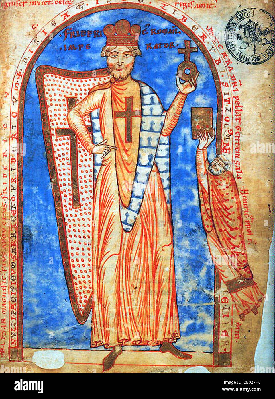 Deutschland: Kaiser Friedrich Barbarossa (1122–10. Juni 1190). Widmungsbild aus der Historia Hierosolymitana von Robert dem Mönch, 1188. Friedrich I. Barbarossa war ein deutscher Kaiser des Heiligen Römischen Reiches. Am 4. März 1152 wurde er in Frankfurt zum deutschen König gewählt und am 9. März 1152 in Aachen gekrönt. 1155 wurde er König von Italien und wurde schließlich am 18. Juni 1155 von Papst Adrian IV. Zum römischen Kaiser gekrönt. Zwei Jahre später erschien der Begriff „Sacrum“ (heilig) erstmals in einem Dokument im Zusammenhang mit seinem Reich. Am 30. Juni 1178 wurde er auch offiziell zum König von Burgund in Arles gekrönt. Stockfoto