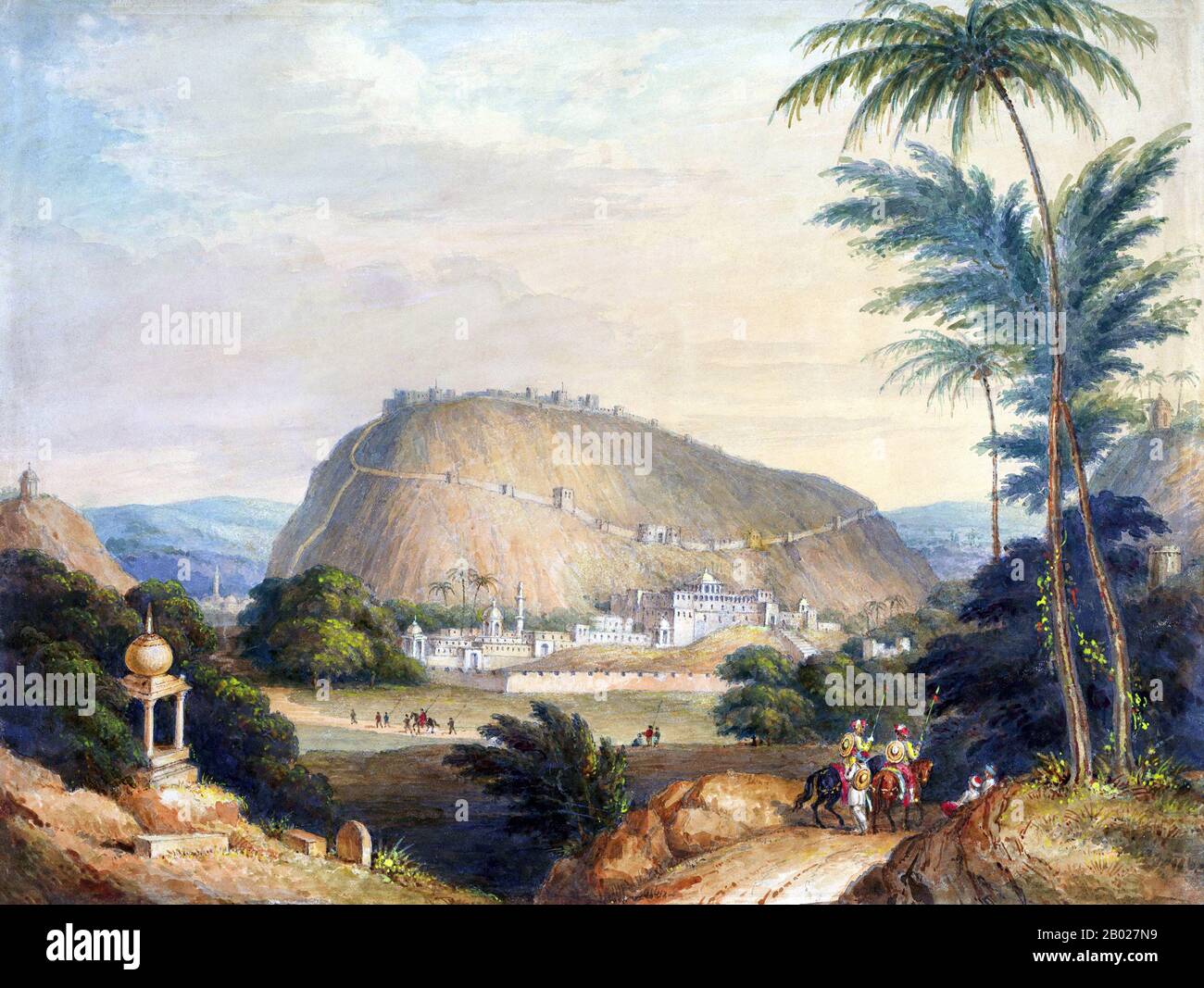 Indien: Die Stadt und der Pass von Bundi in Rajputana. Aquarellmalerei eines unbekannten Künstlers, 1840. Bundi wurde 1341 von Rao Deva gegründet und liegt in einem engen Tal innerhalb der Aravalli-Hügel in Rajasthan. Die herrschende Familie des Staates, der Hara Chauhan Clan von Rajputs, baute eine Reihe von beeindruckenden Palästen, Gärten und Tanks, die scheinbar in mehreren Ebenen aus dem Hügel gehauen wurden. Die Stadt ist voller attraktiver Gartenpavillons, Treppenbecken, Tempel und Gedenkpavillons. Einer der Palastkomplexe der Stadt kann auf dem Hügel im Hintergrund dieser Aussicht gesehen werden. Stockfoto