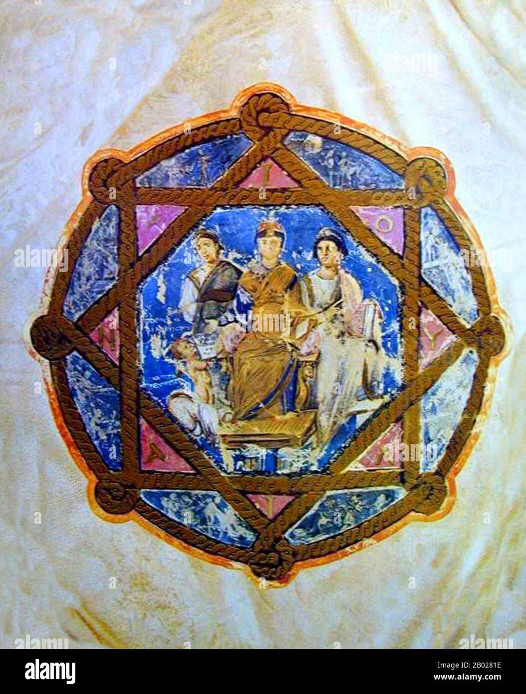 Griechenland/Byzanz/Türkei: „Stifterbild“ von Prinzessin Juliana Ancia (462-527/528), Tochter des byzantinischen Kaisers Flavius Anicius Olybrius. Die Prinzessin sponserte 512 den Codex Vienna Dioscorides, dessen ältestes bekanntes Spenderbild ist. Eines der Autorenfotos aus den Wiener Dioscoriden (fol. 5 verso). Die allegorische Figur Epinoia (Denkkraft) hält eine Mandragora. Der Maler erstellt ein Bild und Diosoride (rechts) beschreibt die Pflanze. Die Wiener Dioscurides oder Wiener Dioscorides ist eine Handschrift von de Materia Medica aus dem frühen 6. Jahrhundert von Dioscorides. Stockfoto