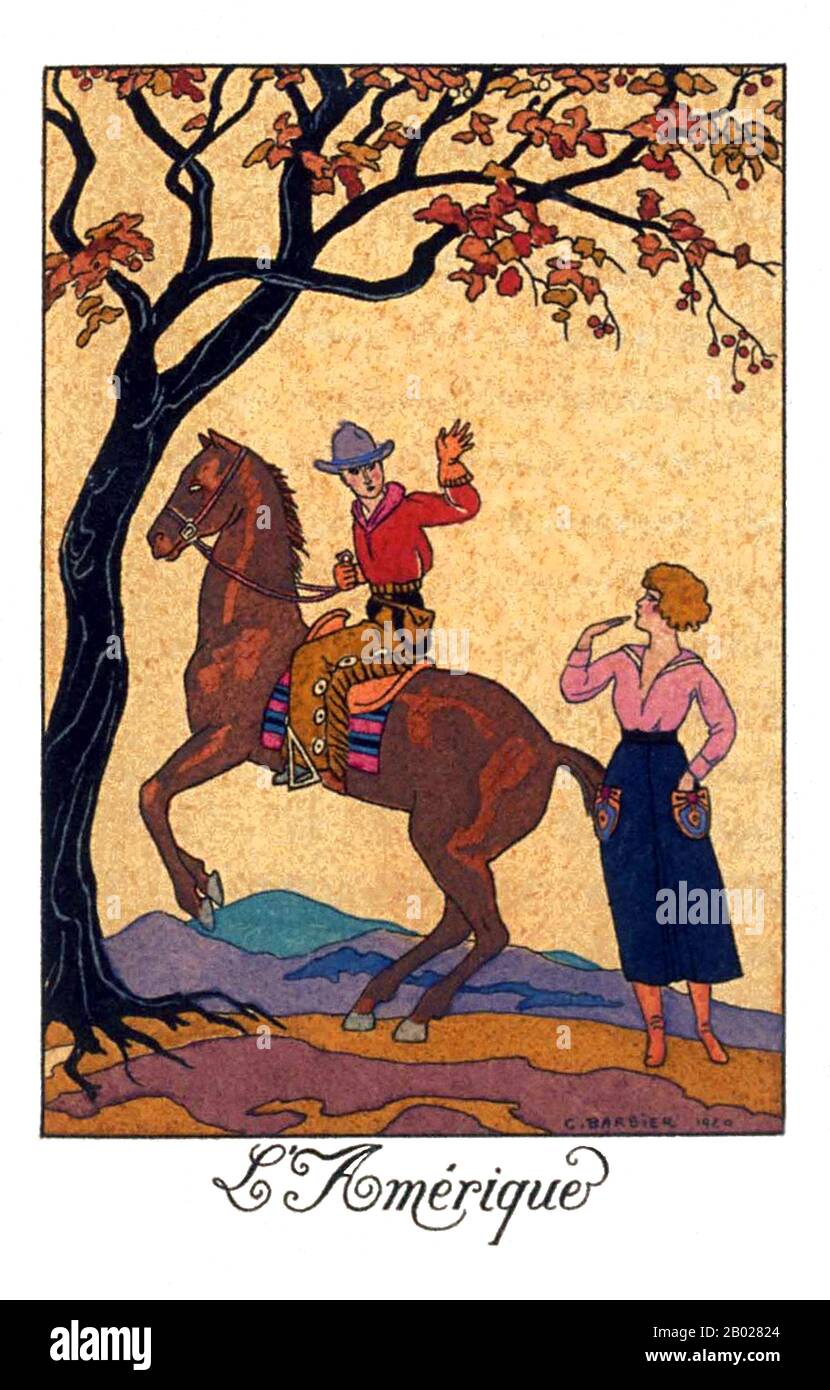 Frankreich: L'Amerique. Illustration aus „La Guirlande des Mois“ von George Barbier (16. Oktober 1882 bis 19. März 1932), 1920. George Barbier war einer der großen französischen Illustratoren des frühen 20. Jahrhunderts. Barbier, geboren in Nantes, war 29 Jahre alt, als er 1911 seine erste Ausstellung aufstellte, und wurde in der Folge mit Aufträgen zur Gestaltung von Theater- und Ballettkostümen, zur Illustration von Büchern und zur Herstellung von Haute-Couture-Modeschauen an die Spitze seines Berufs gerückt. Stockfoto