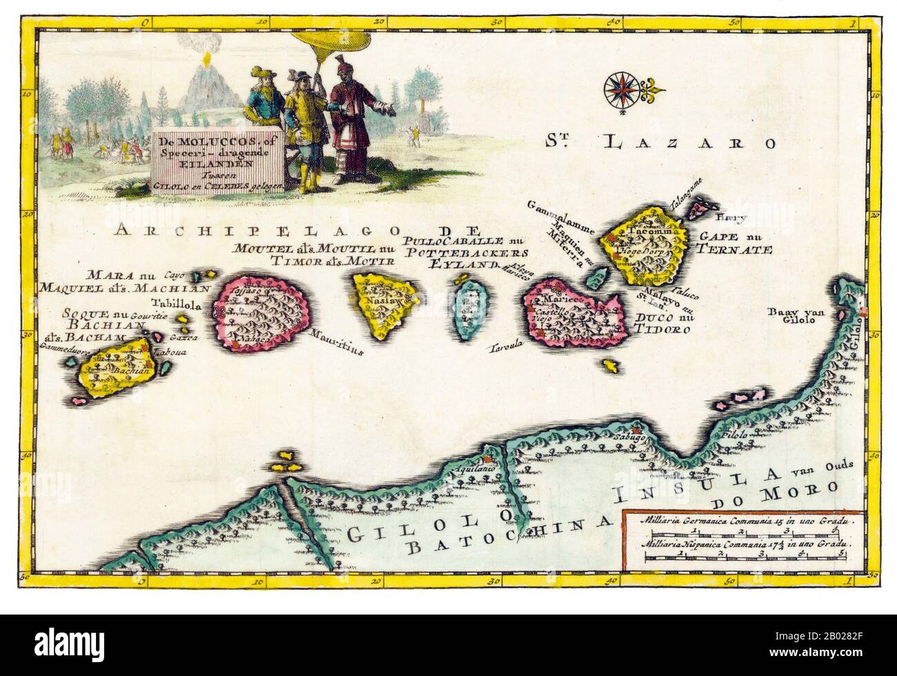 Indonesien/Niederlande: Kupferkarte von Maluku (Molukken-Inseln) von Pieter Van der AA (1659-1733), 1706-1708. Die Maluku-Inseln (auch bekannt als Molukken, Molukken-Inseln und Gewürzinseln) sind ein Archipel, der Teil Indonesiens und der größeren maritimen Region Südostasien ist. Tektonisch befinden sie sich auf der Halmahera-Platte innerhalb der Molucca Sea Collision Zone. Geografisch liegen sie östlich von Sulawesi (Celebes), westlich von Neuguinea und nördlich und östlich von Timor. Die meisten Inseln sind bergig, einige mit aktiven Vulkanen, und genießen ein feuchtes Klima. Stockfoto