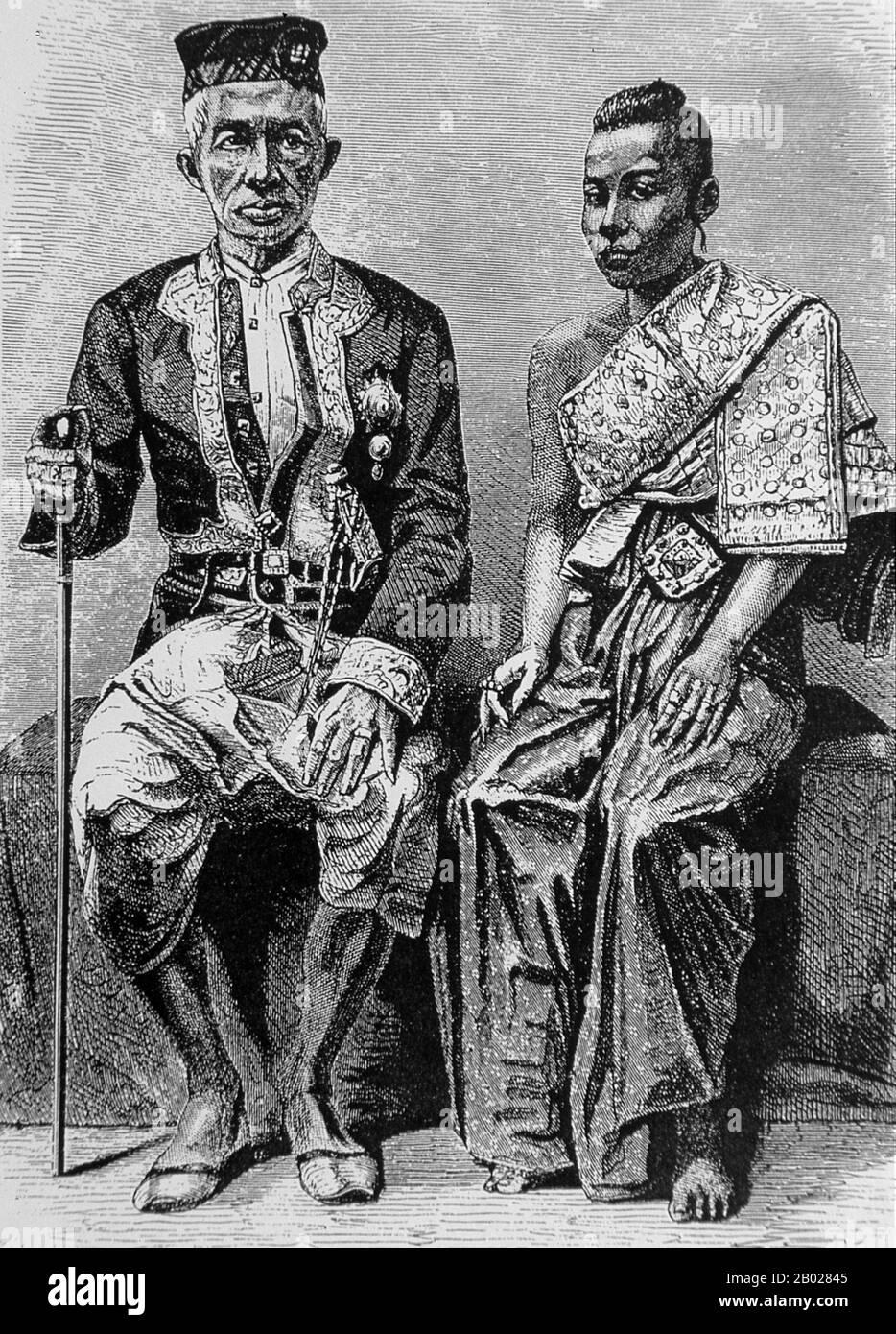 Thailand: König Mongkut (18. Oktober 1804 bis 1. Oktober 1868), 4. Monarch der Chakri-Dynastie, mit seiner Lieblingsfrau Königin Debsirindra (1834–1861). Stich von M. Bocourt, 1863. Phra bat Somdet Phra Poramenthramaha Mongkut Phra Chom Klao Chao Yu Hua, oder Rama IV., im Ausland als König Mongkut bekannt, war der vierte Monarch von Siam unter dem Haus Chakri und regierte von 1851 bis 1868. Er war einer der verehrtesten Monarchen des Landes. Außerhalb Thailands ist er am bekanntesten als der König in dem 1951 erschienenen Theaterstück und dem 1956 erschienenen Film The King and I, der auf dem Film Anna and the King of Siam aus dem Jahr 1946 basiert. Stockfoto