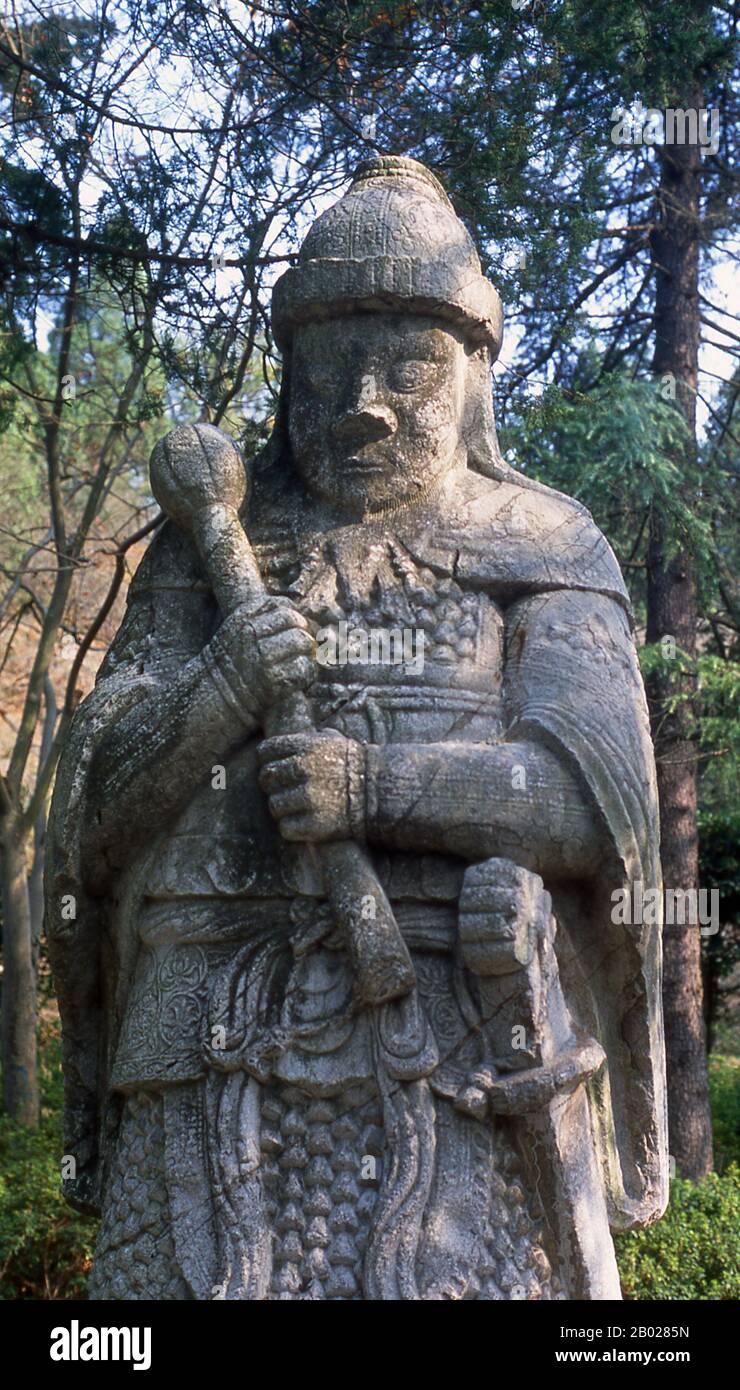 Kaiser Hongwu, 1. Machthaber der Ming-Dynastie (r. 1368-1398). Persönlicher Name: Zhu Yuanzhang, Zhū Yuánzhāng Posthum Name: Gaodi, Gāodì Tempelname: Taizu, Tàizǔ Regierungsname: Ming Hóngwǔ, Ming   Der Hongwu-Kaiser war Gründer und erster Kaiser (1368-98) der Ming-Dynastie von China. Sein Zeitname, Hongkong, bedeutet "enorm martialisch". In der Mitte des 14. Jahrhunderts, in der die Hungersnot, Plagen und Bauernrevolten über China ausgingen, wurde Zhu zum Führer einer Armee, die China erobert hatte, die Yuan-Dynastie beendete und die Mongolisten zwang, sich in die mongolischen Steppen zurückzuziehen. Mit seiner Beschlagnahme des Stockfoto