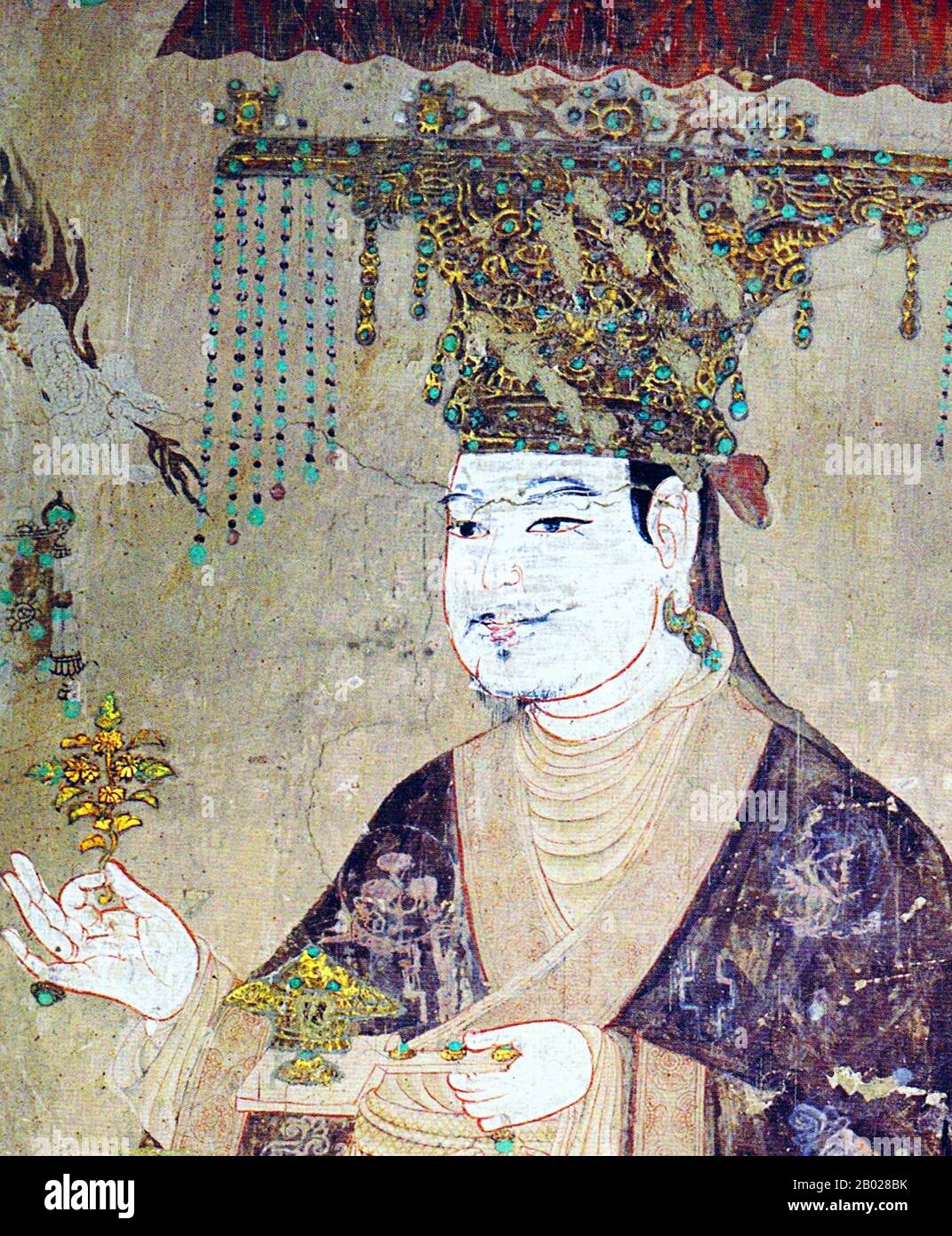 China: Wandbild von Viśa' Saṃbhava, einem khotanesischen König, Mogao Höhlen, Dunhuang, Gansu, 10. Jahrhundert n. Chr. Die Mogao-Höhlen oder Mogao-Grotten (chinesisch mò gāo kū), auch bekannt als die Höhlen der tausend Buddhas und Dunhuang-Höhlen, bilden ein System von 492 Tempeln 25 km (15,5 Meilen) südöstlich des Zentrums von Dunhuang, einer Oase, die strategisch an einer religiösen und kulturellen Kreuzung an der Seidenstraße in der Provinz Gansu, China, gelegen ist. Die Höhlen enthalten einige der besten Beispiele buddhistischer Kunst aus einem Zeitraum von 1.000 Jahren. Die ersten Höhlen wurden 366 n. Chr. als Orte buddhistischer Meditation und Anbetung ausgegraben. Stockfoto